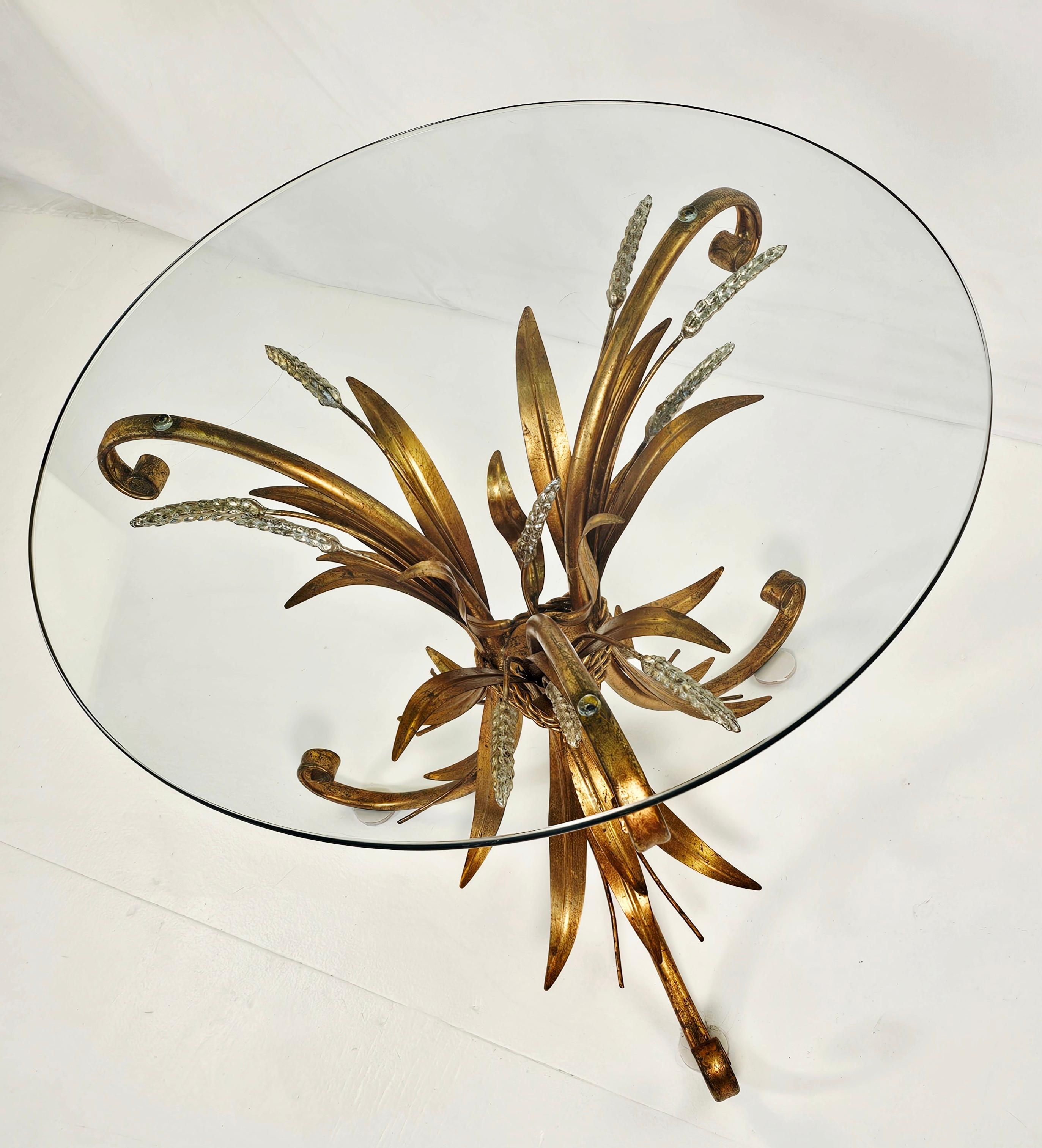 Italian Coco Chanel Style Sheaf of Wheat Metal and Glass Side Table For Sale