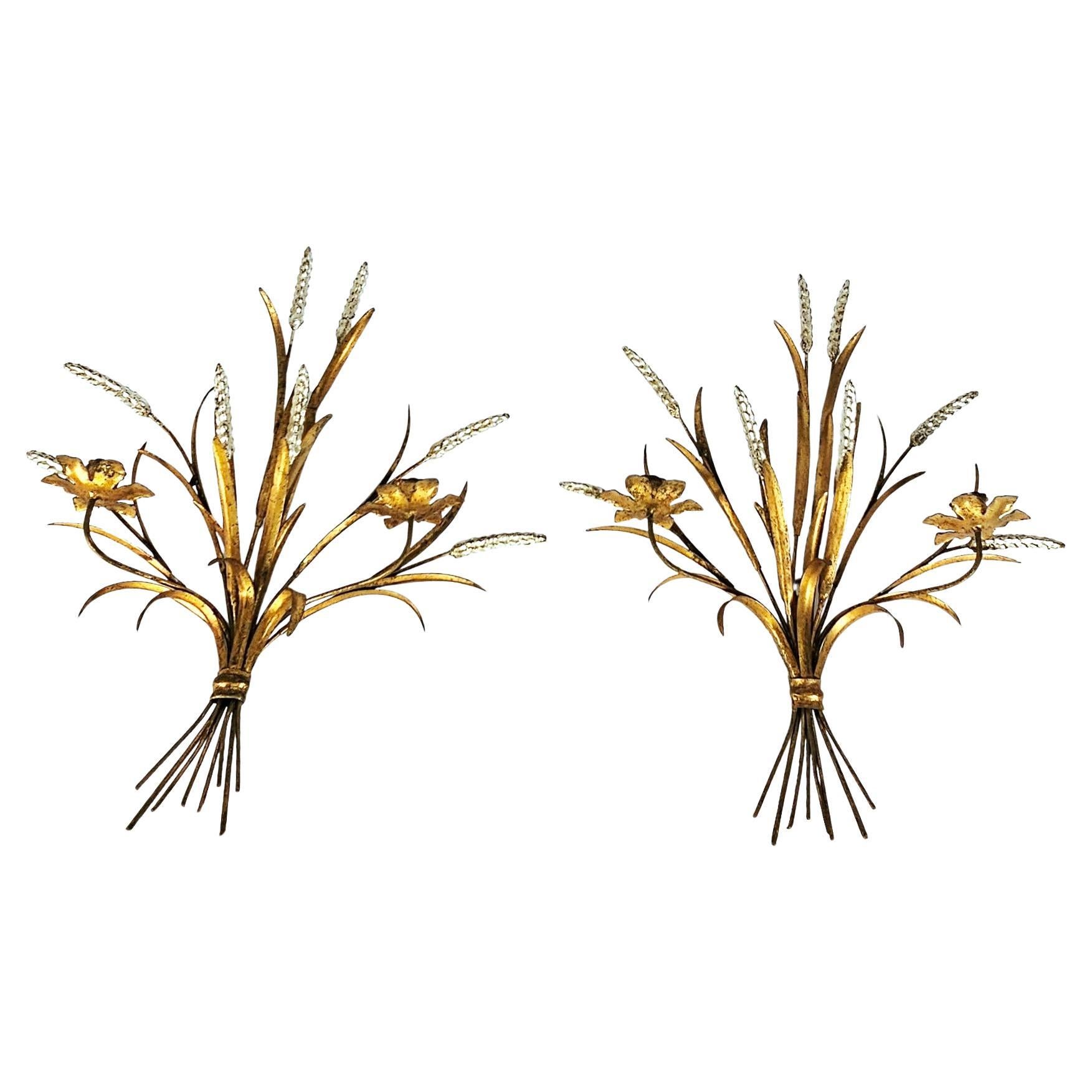 Pair of Italian wheat gilt gold candle wall sconces