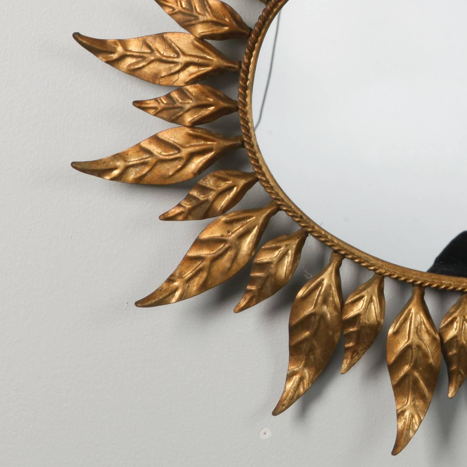 Mid-Century Modern Midcentury Oval Mirror with Gilded Leaf Form Sunburst Frame