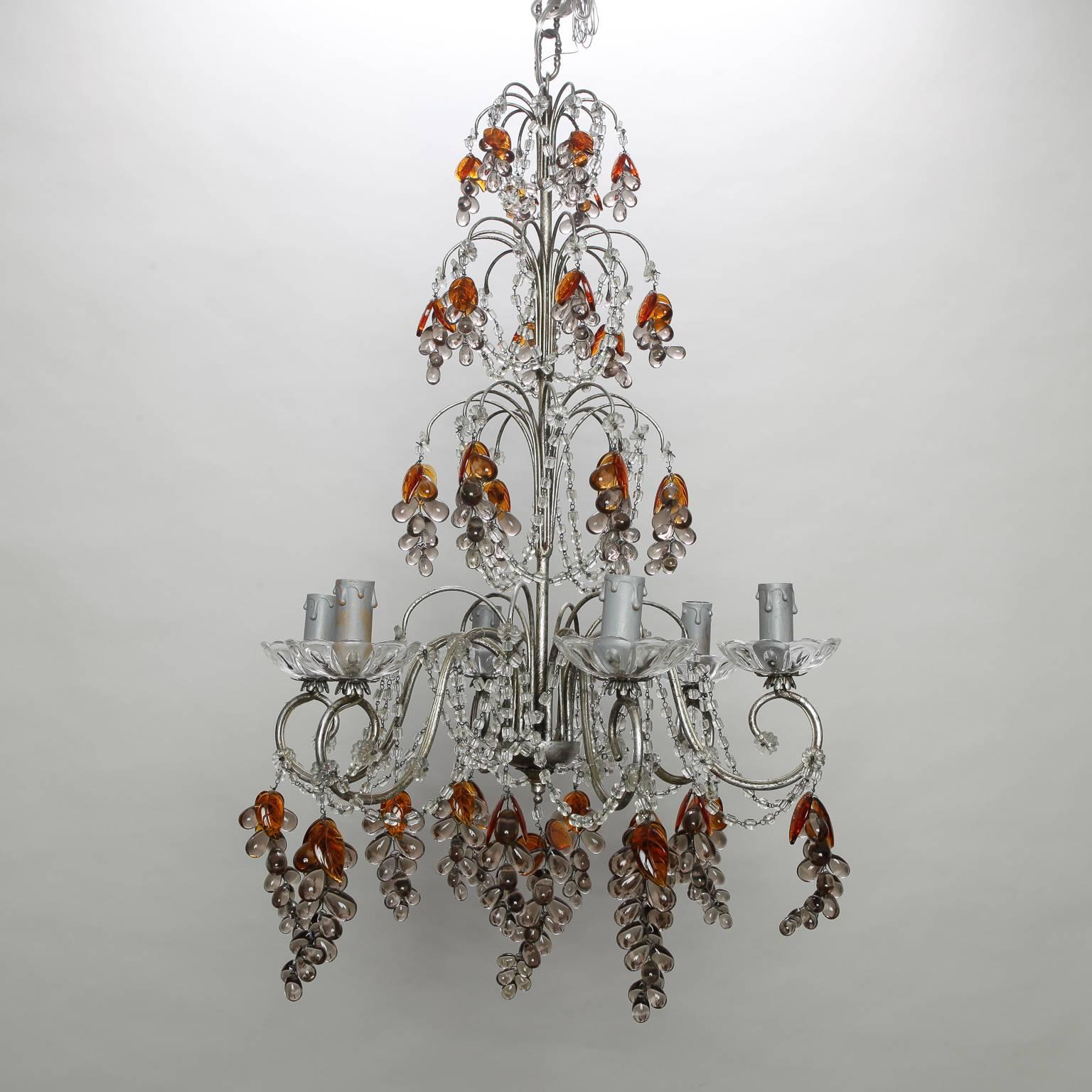 Six-Light Chandelier with Crystal Beads and Glass Grapes In Good Condition For Sale In Troy, MI