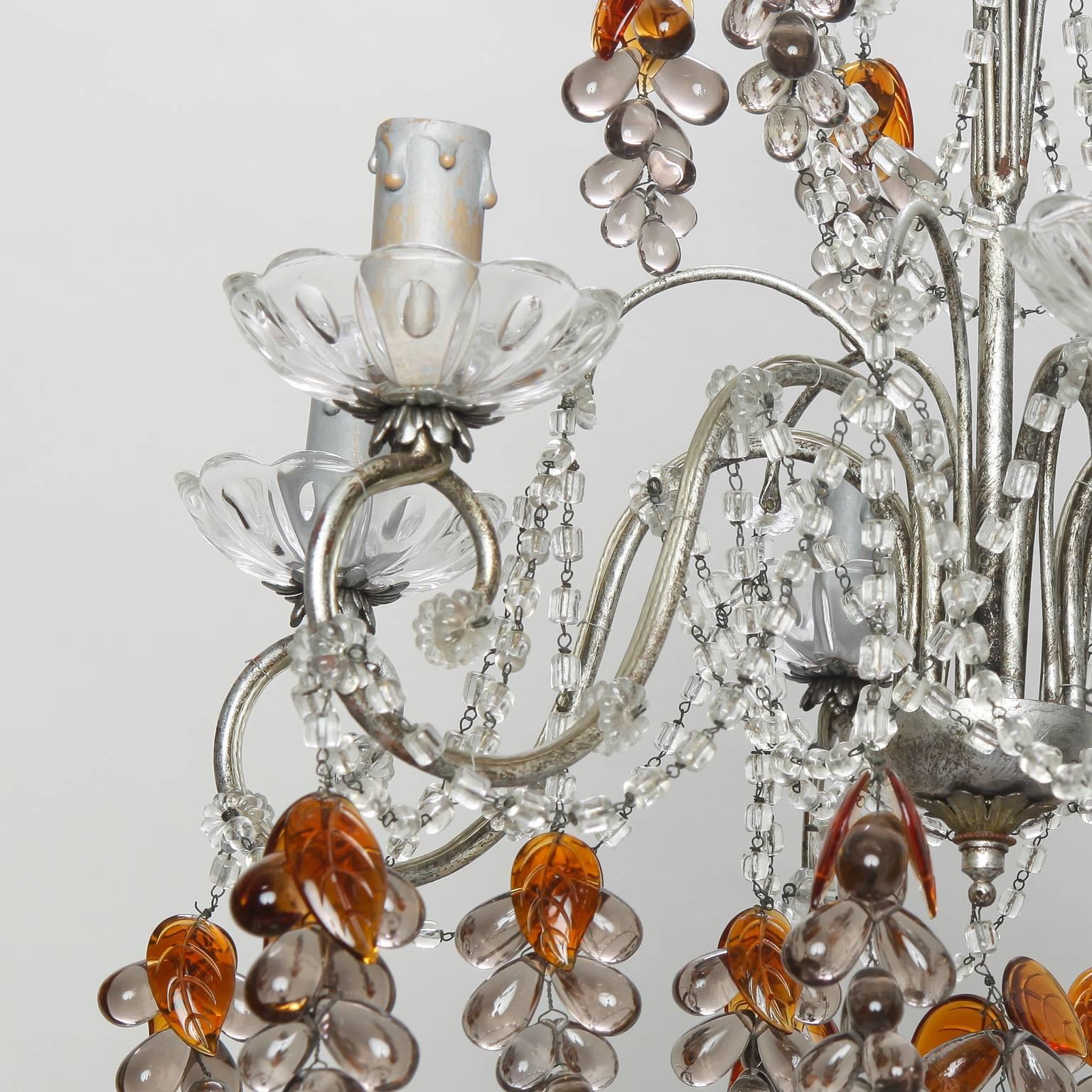 20th Century Six-Light Chandelier with Crystal Beads and Glass Grapes For Sale
