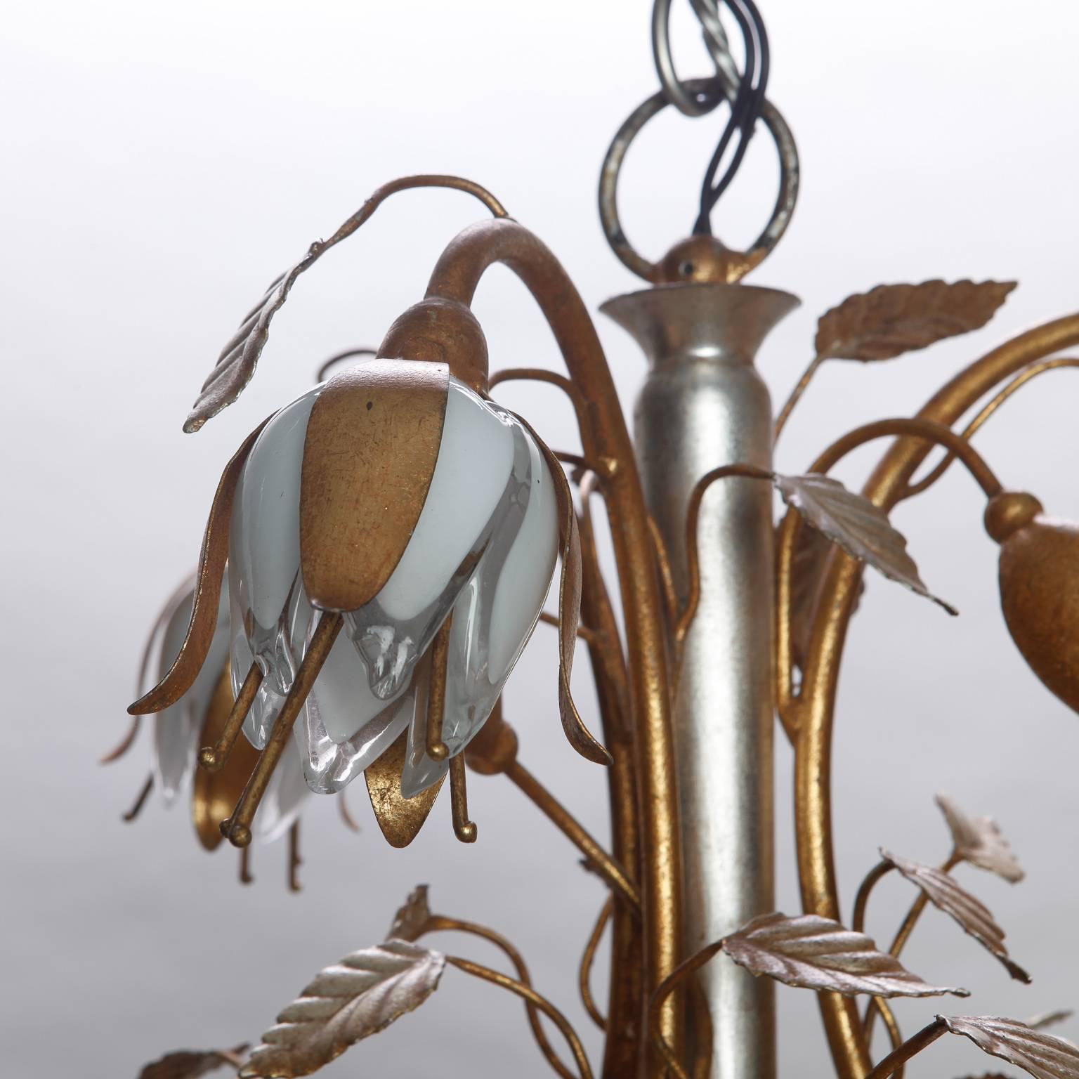 European Nine-Light Gilt Tole Chandelier with Handblown Glass Tulips