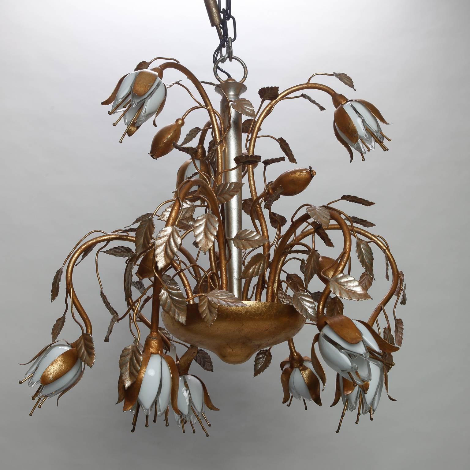 Nine-Light Gilt Tole Chandelier with Handblown Glass Tulips 1