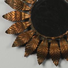 Spanish Gilt Metal Small Sunburst Mirror with Leaves
