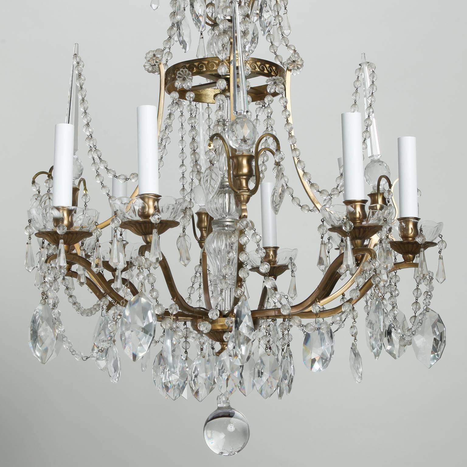 Mid-20th Century Italian Eight-Arm Chandelier with Crystal Spears and Swagged Beads