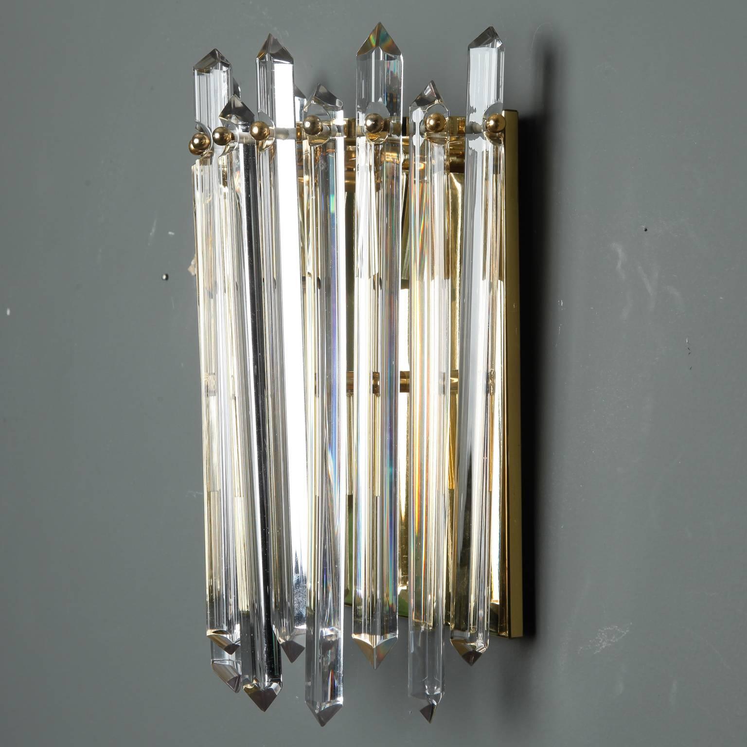 Pair Midcentury Sconces with Brass and Crystal Spears In Excellent Condition For Sale In Troy, MI