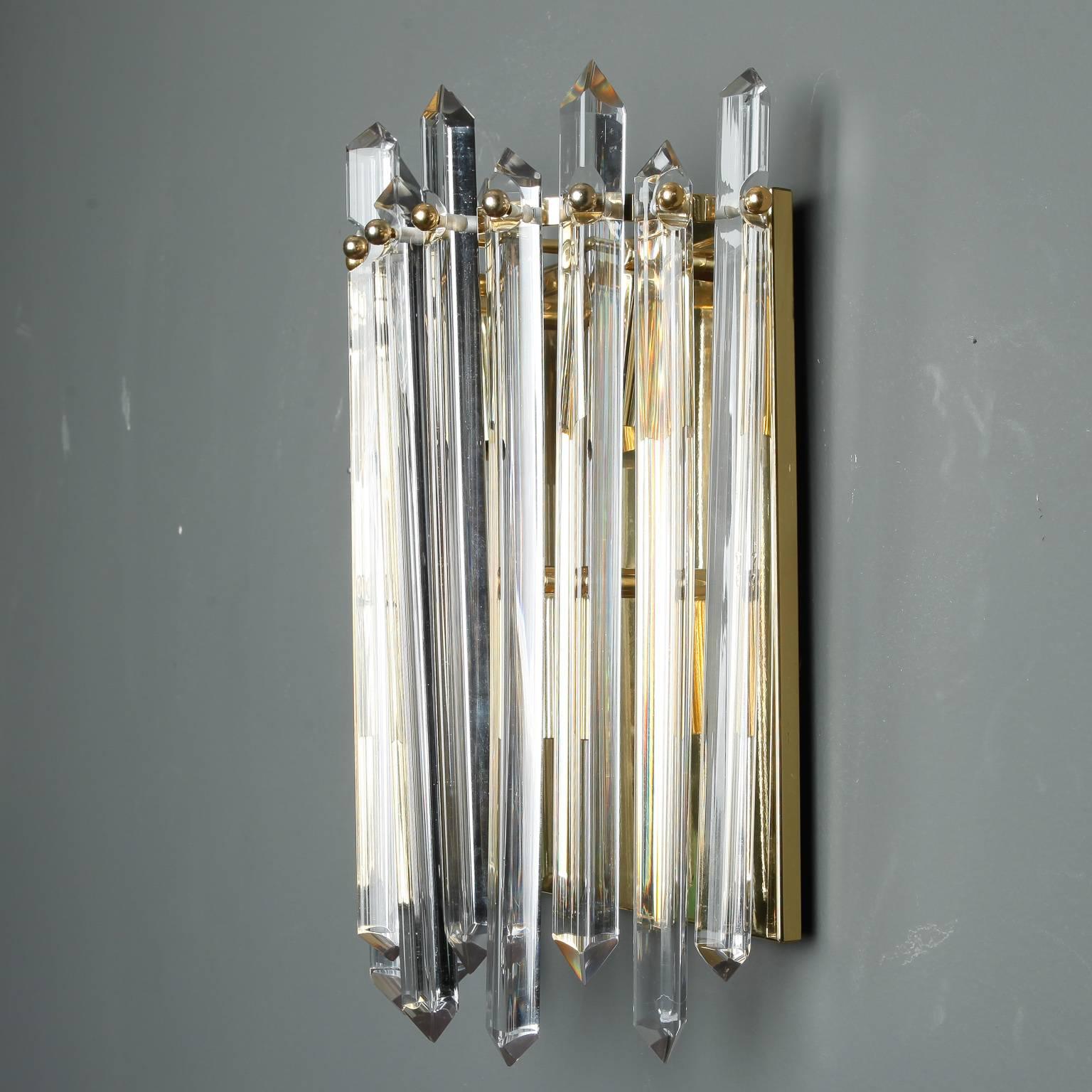 20th Century Pair Midcentury Sconces with Brass and Crystal Spears For Sale