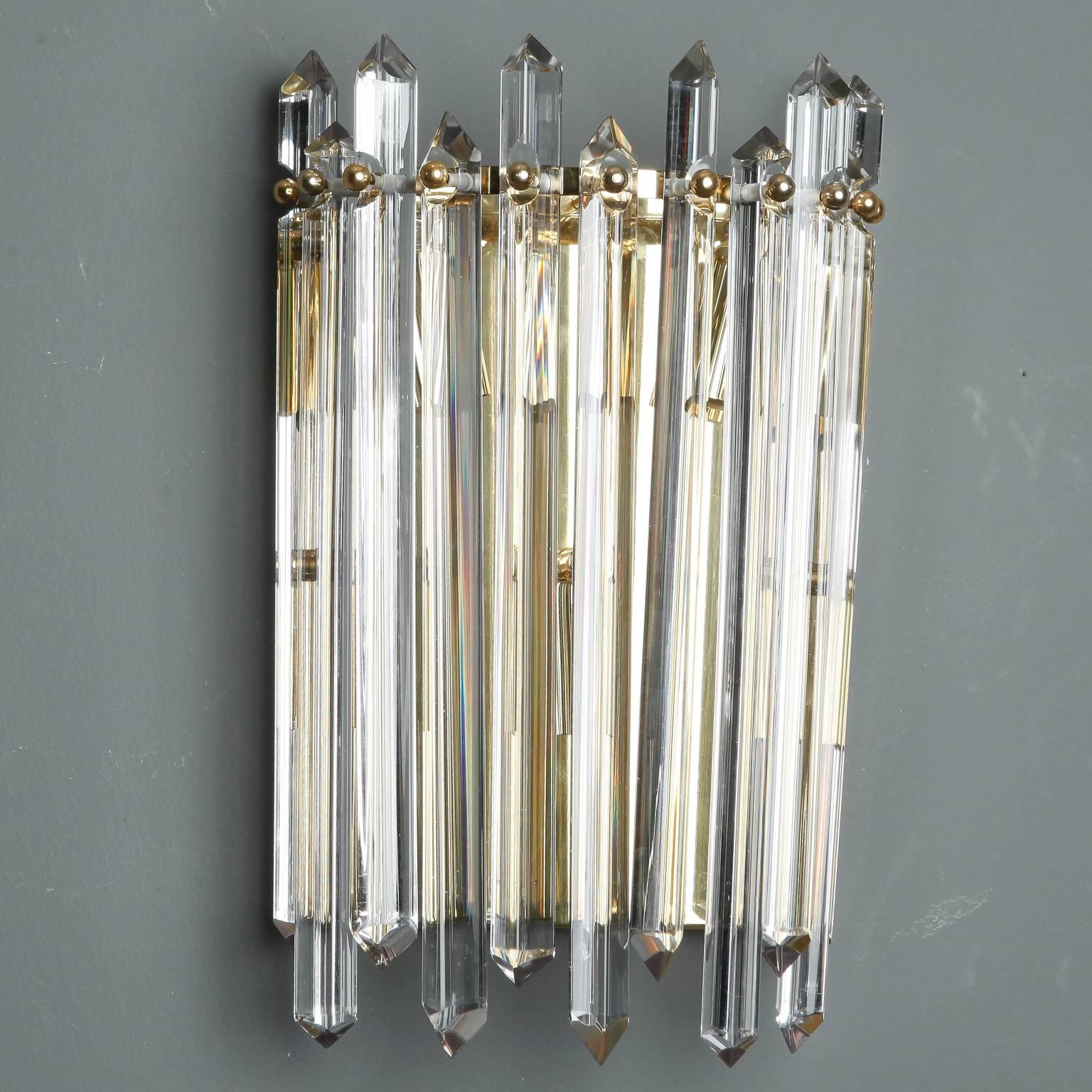 European Pair Midcentury Sconces with Brass and Crystal Spears For Sale