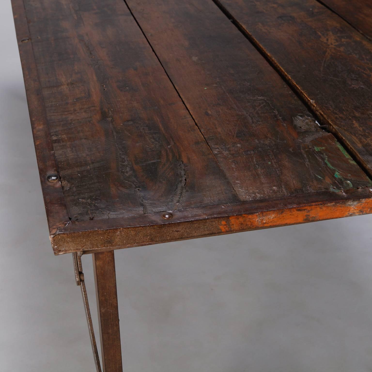 20th Century Large Industrial Wood and Iron Folding Table