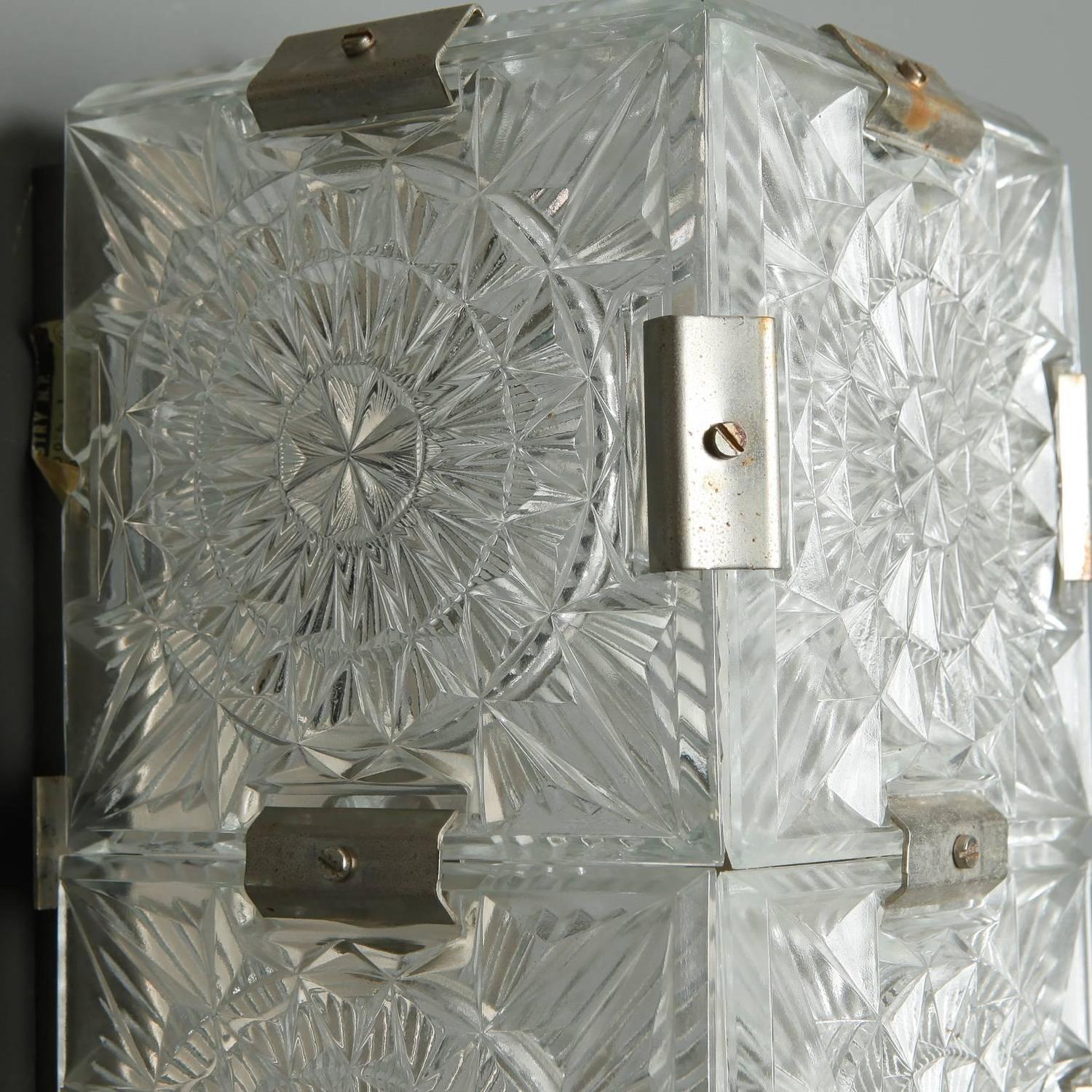 Pair Midcentury Wall Lights of Clear Molded Glass Panels, in the style