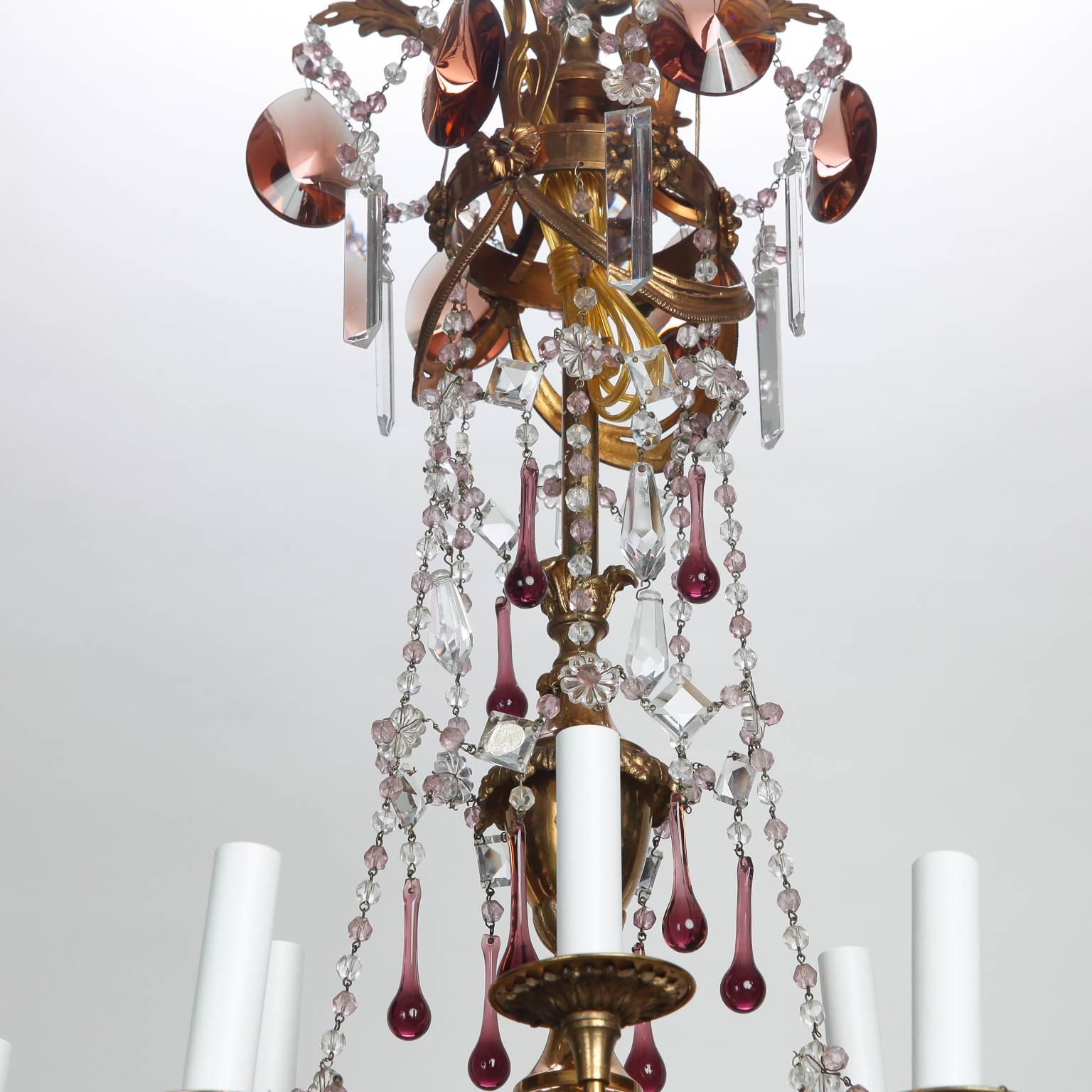 Tall French Nine-Arm Brass and Crystal Chandelier In Good Condition In Troy, MI