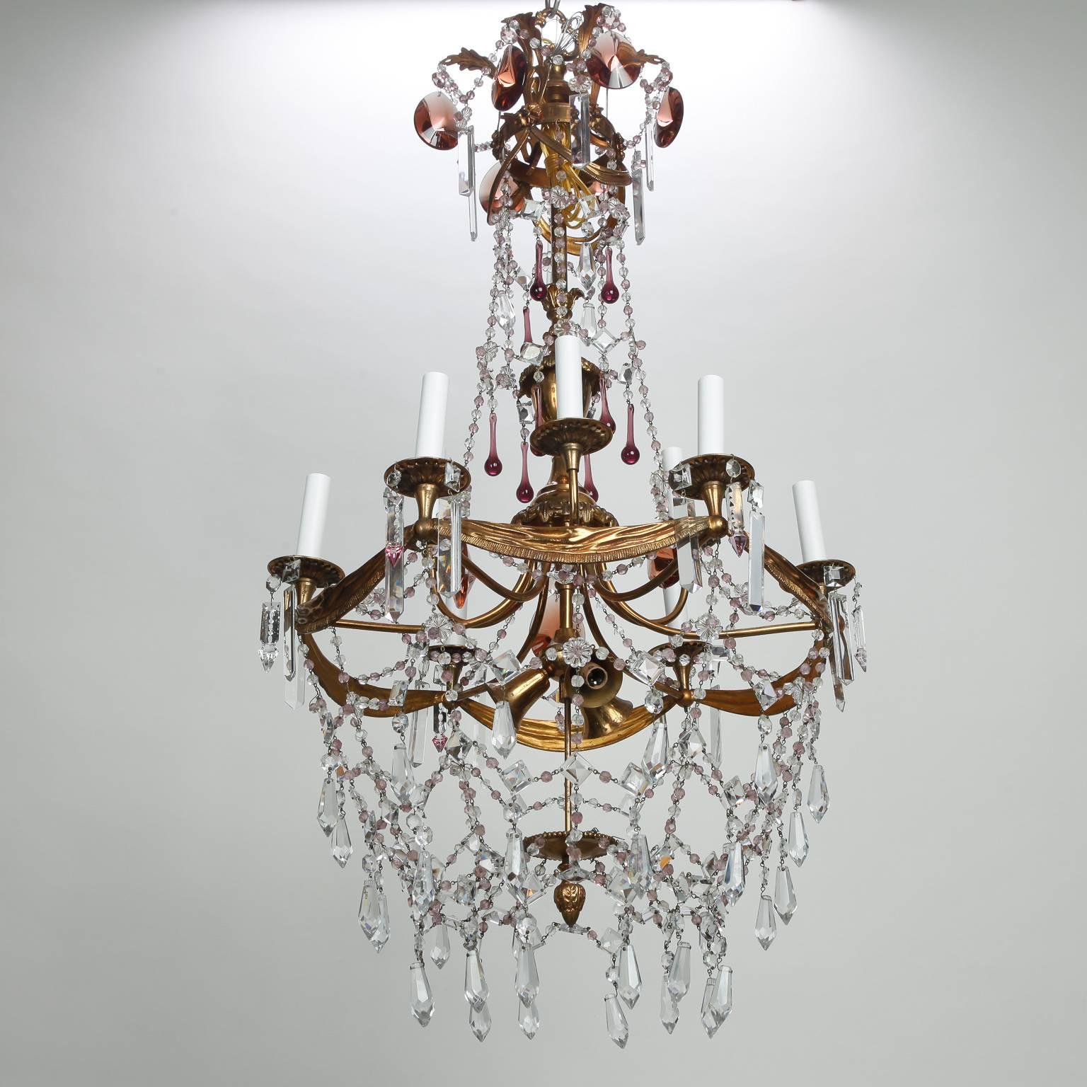 20th Century Tall French Nine-Arm Brass and Crystal Chandelier