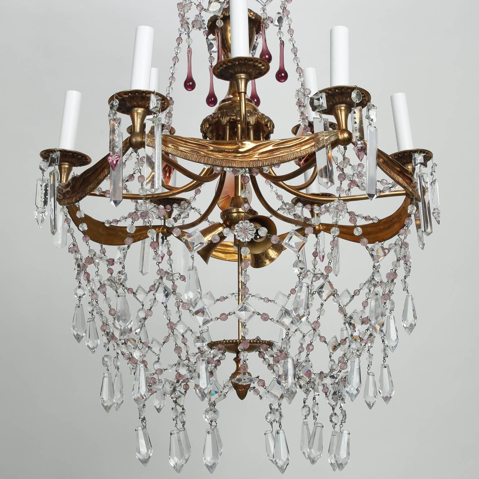 Tall French Nine-Arm Brass and Crystal Chandelier 1