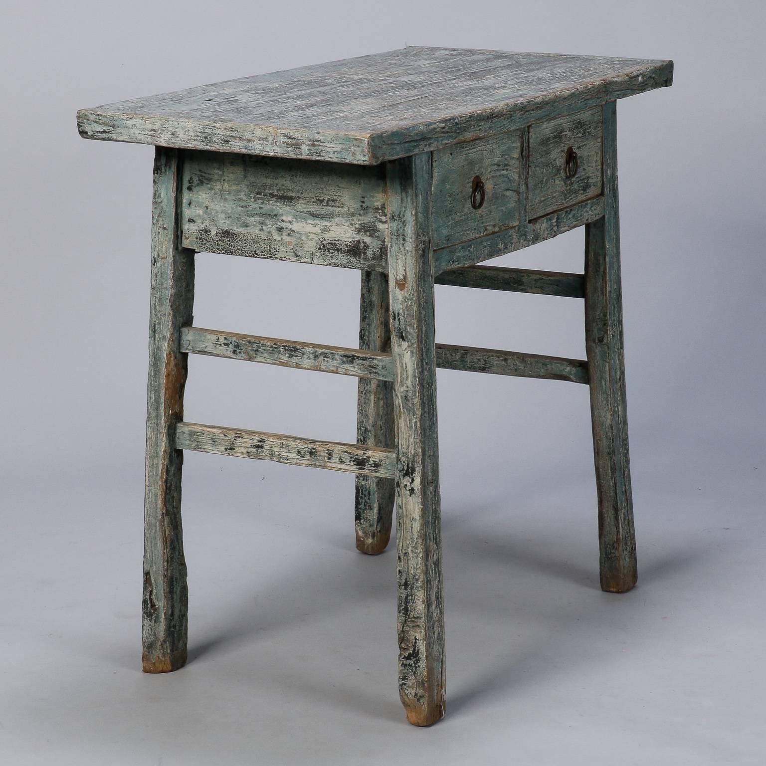 Small Primitive Two-Drawer Chinese Blue Painted Table  In Good Condition In Troy, MI
