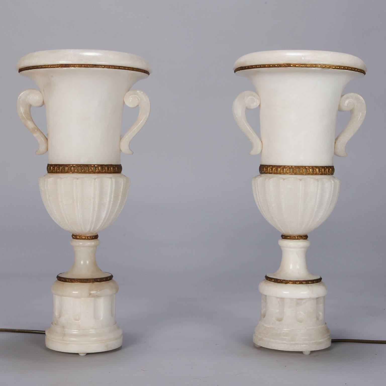 Pair of Tall Urn Form Alabaster and Bronze Lamps In Good Condition In Troy, MI