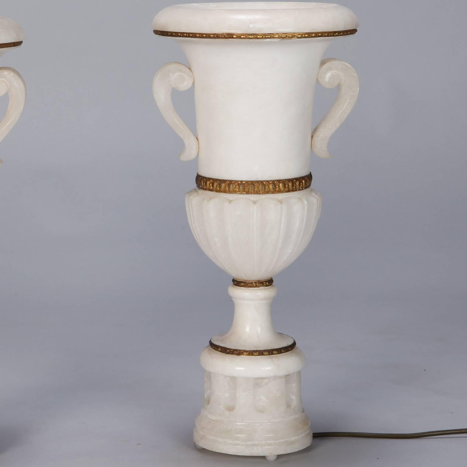 Italian Pair of Tall Urn Form Alabaster and Bronze Lamps