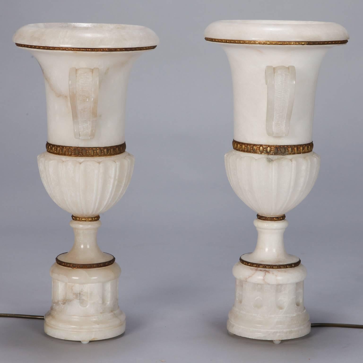 Pair of Tall Urn Form Alabaster and Bronze Lamps 1