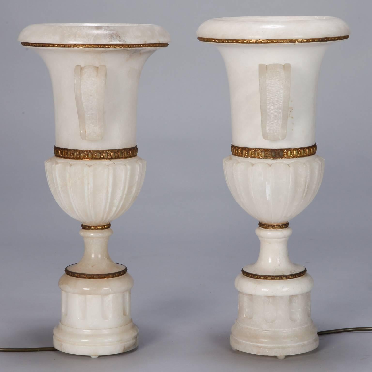 Pair of Tall Urn Form Alabaster and Bronze Lamps 2