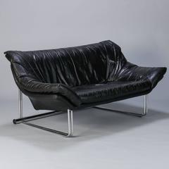 Mid-Century Small Black Leather and Chrome Sofa