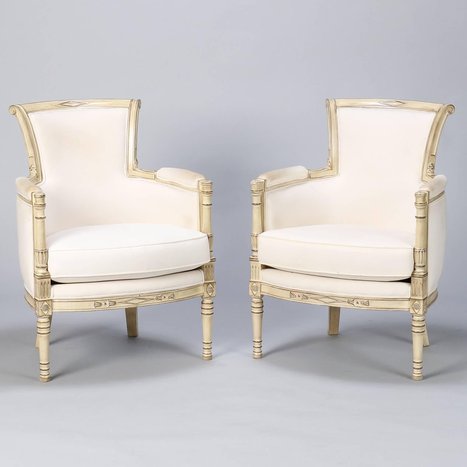 Upholstery Pair of Louis XVI Style White Painted Bergeres