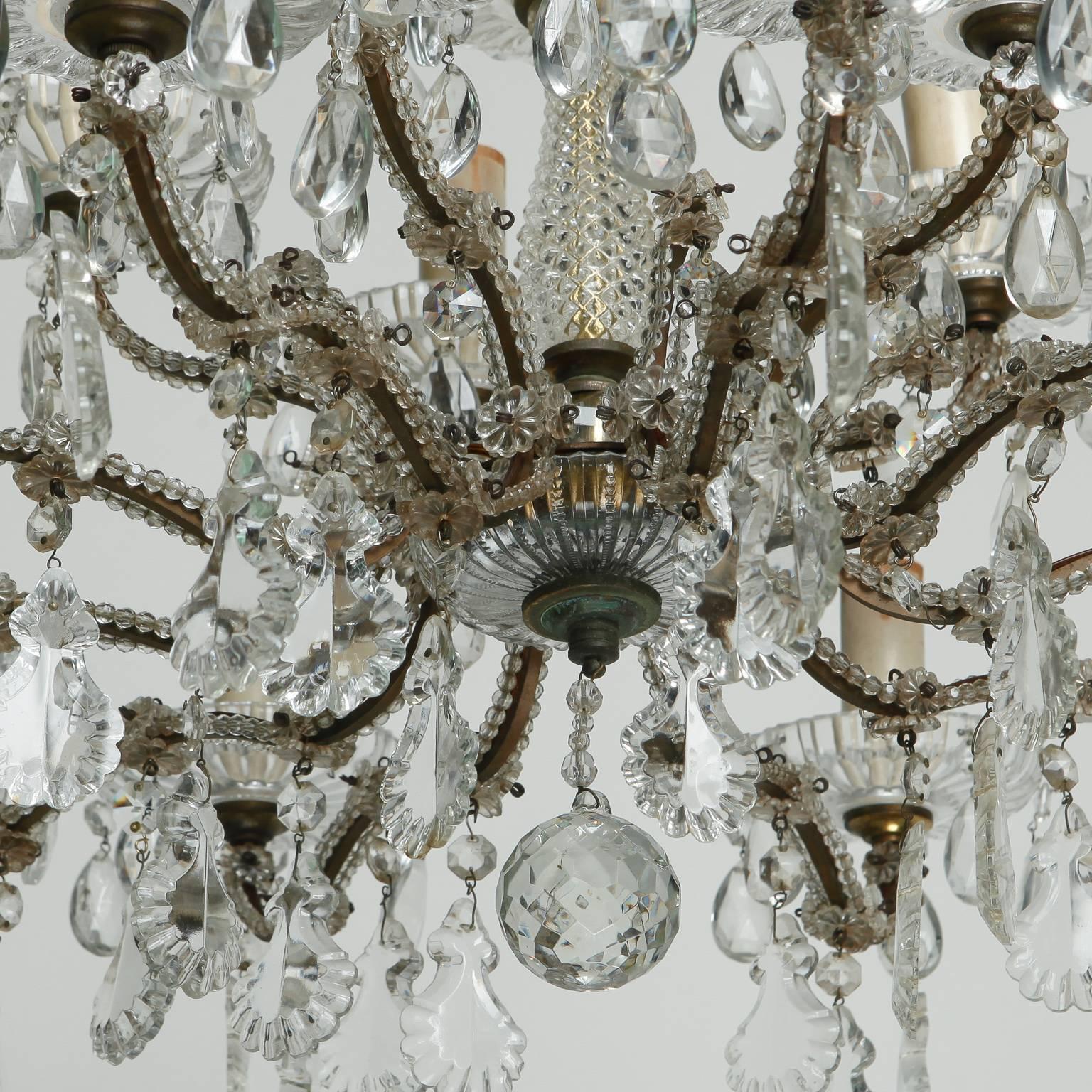Brass French Fifteen-Light Shallow Beaded Crystal Chandelier