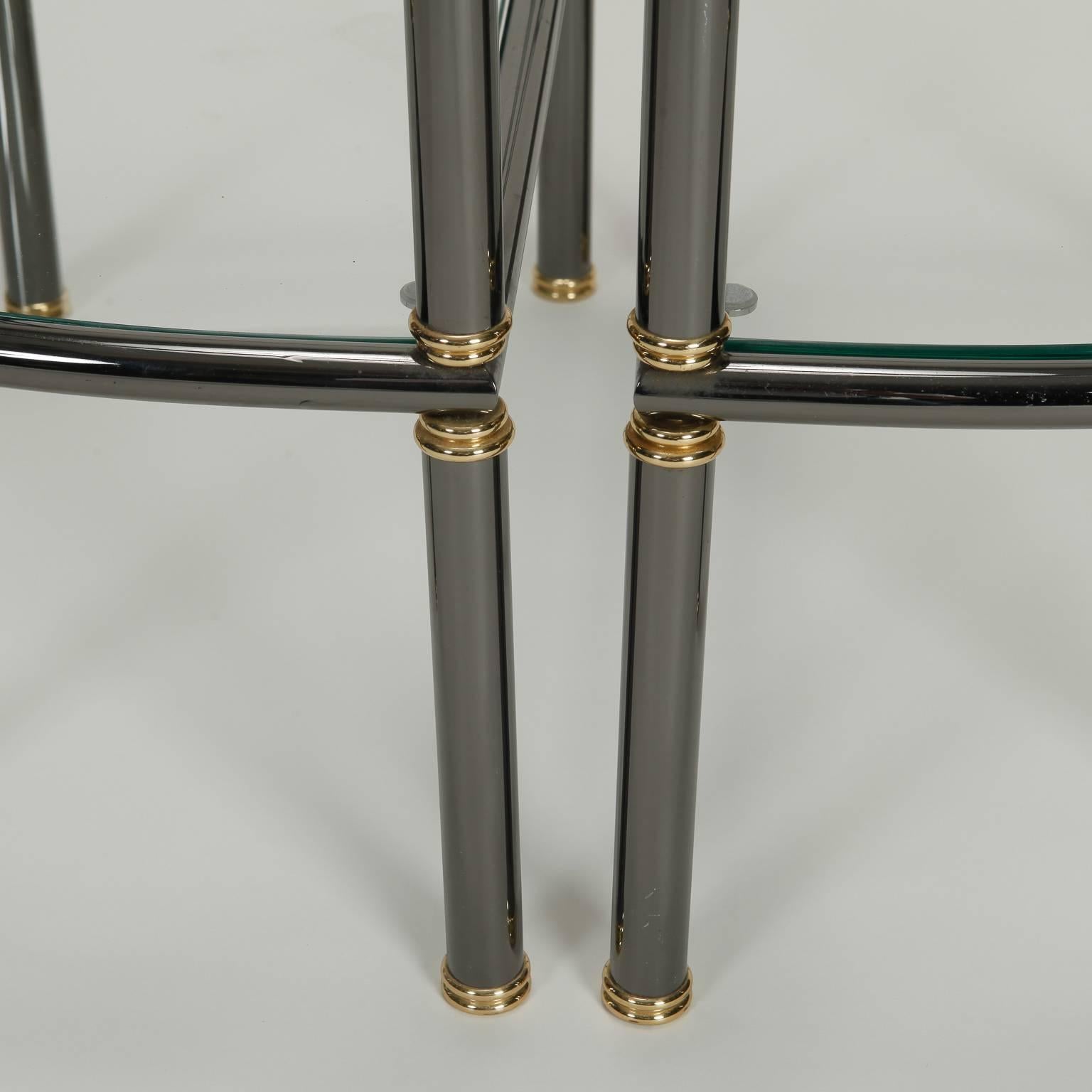 Mid-Century Modern Pair of Mid-Century Demilune Gun Metal and Glass Side Tables For Sale