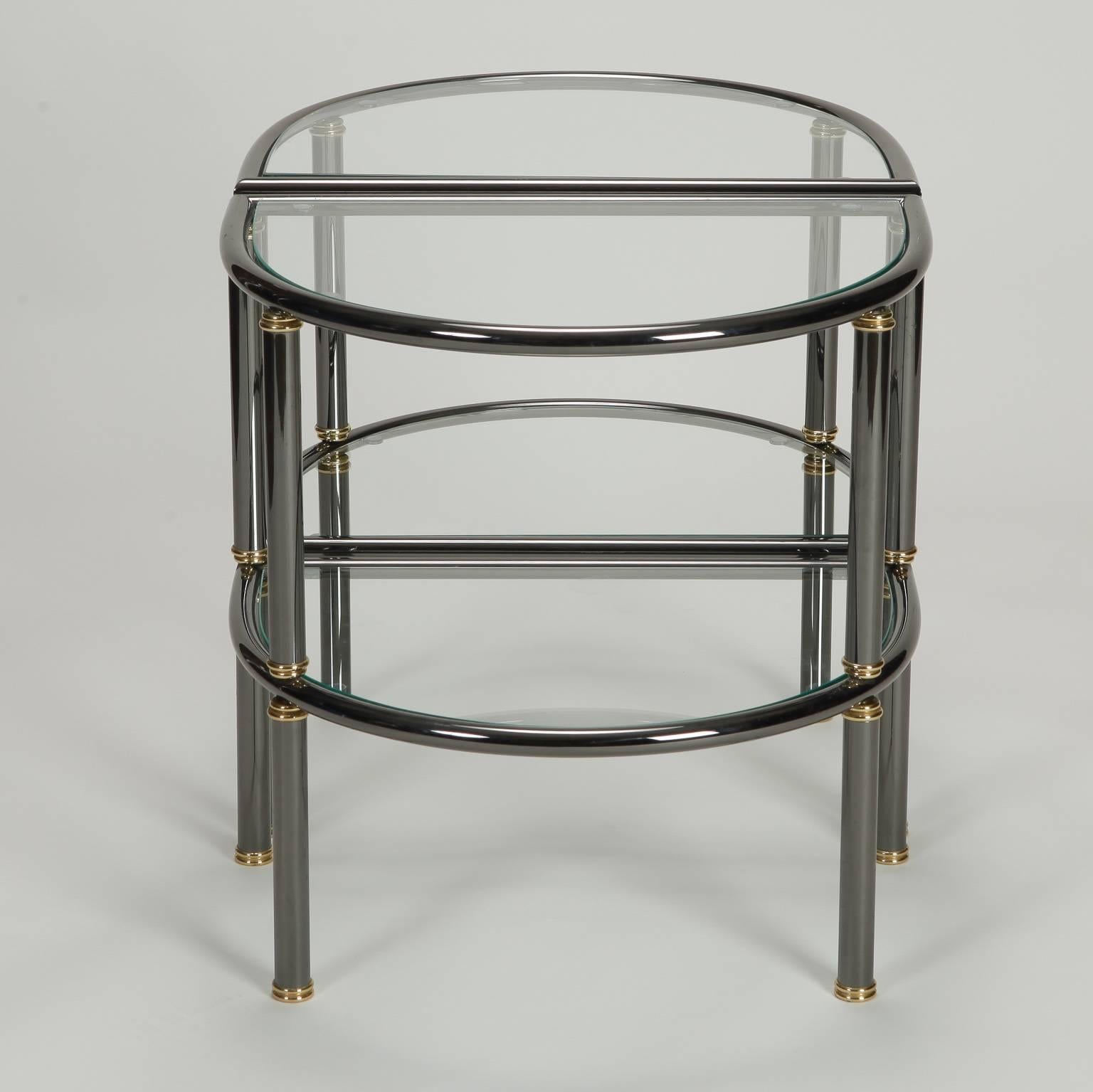 Pair of Mid-Century Demilune Gun Metal and Glass Side Tables In Excellent Condition For Sale In Troy, MI