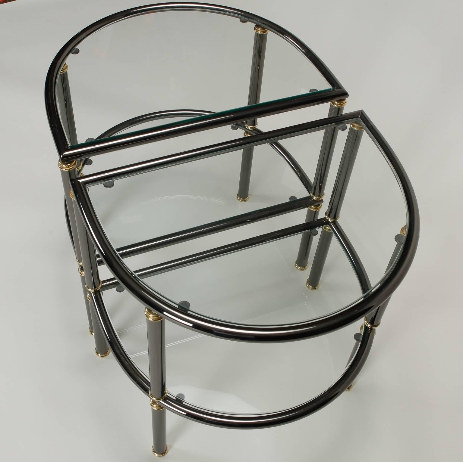 European Pair of Mid-Century Demilune Gun Metal and Glass Side Tables For Sale