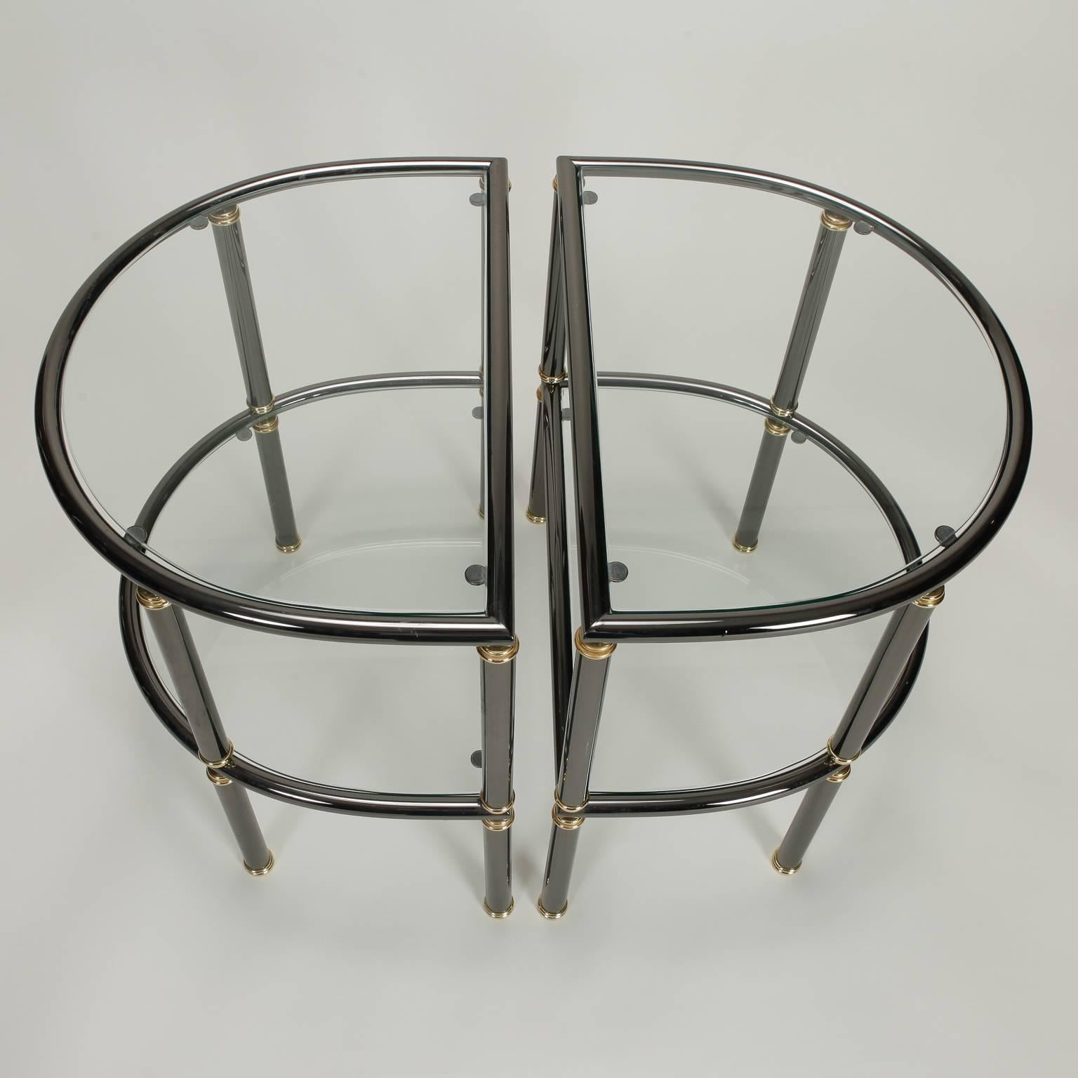 20th Century Pair of Mid-Century Demilune Gun Metal and Glass Side Tables For Sale