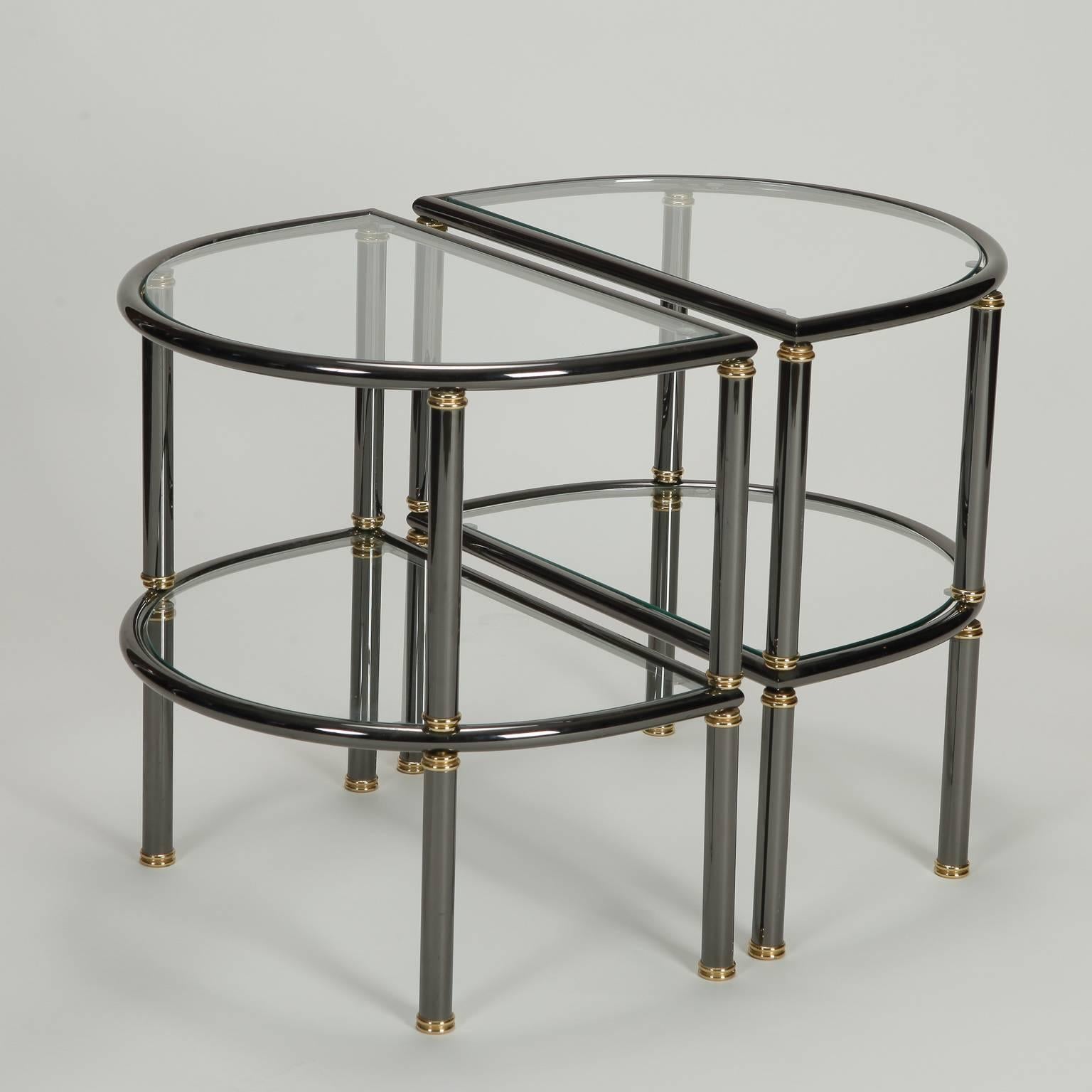 Brass Pair of Mid-Century Demilune Gun Metal and Glass Side Tables For Sale