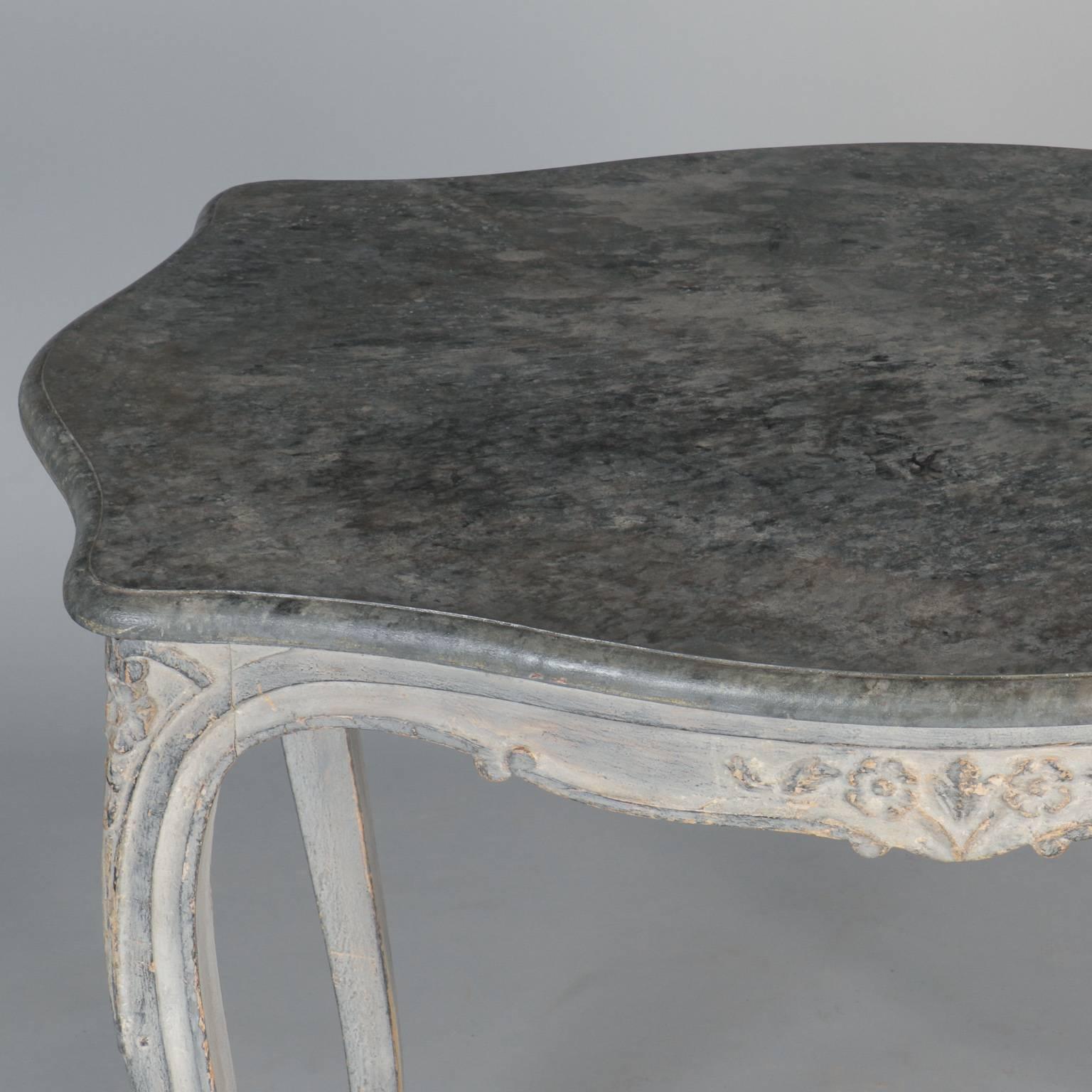 Wood French Painted and Carved Blue Side Table