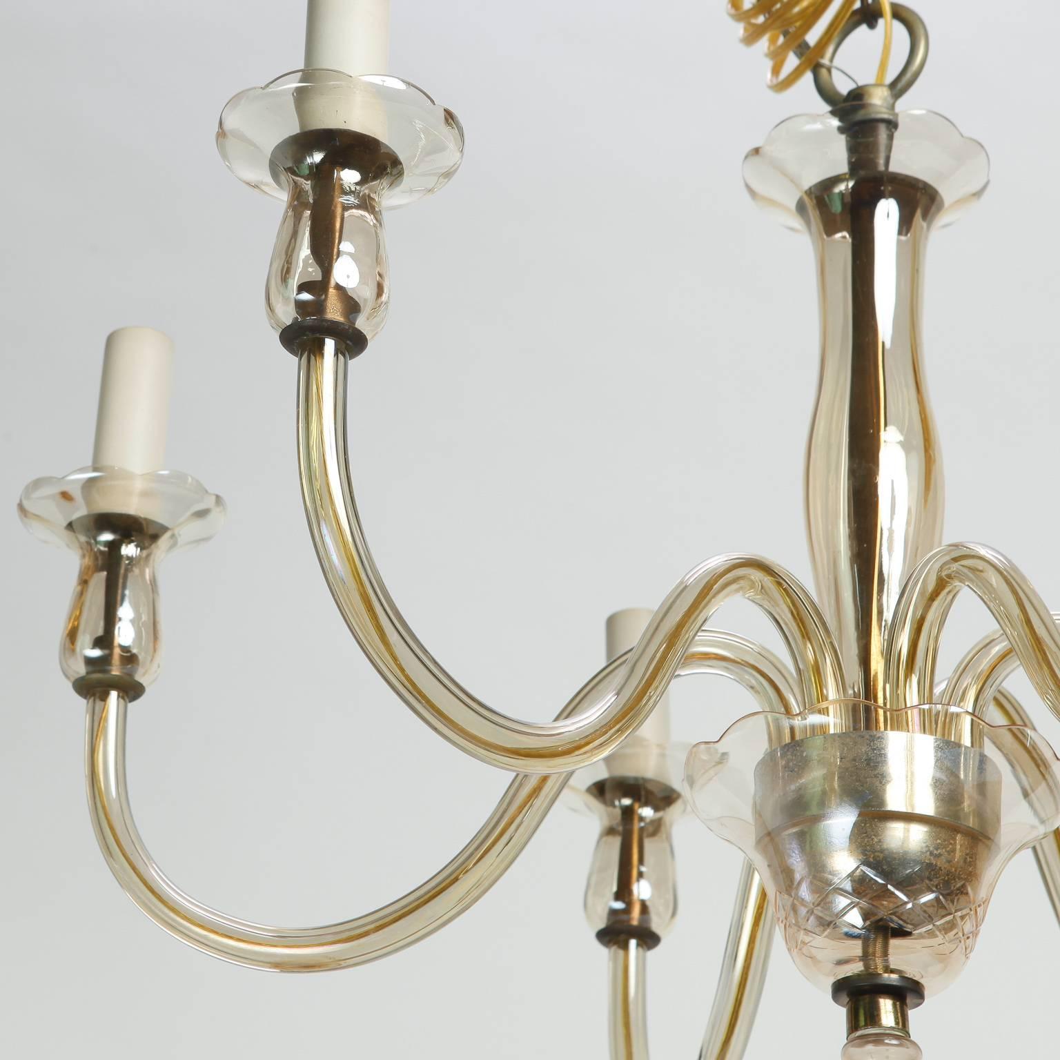 Mid-Century Modern Six-Arm Pale Amber Murano Glass Chandelier