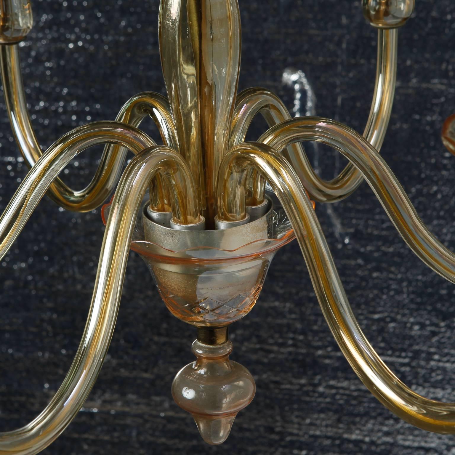 Italian Six-Arm Pale Amber Murano Glass Chandelier