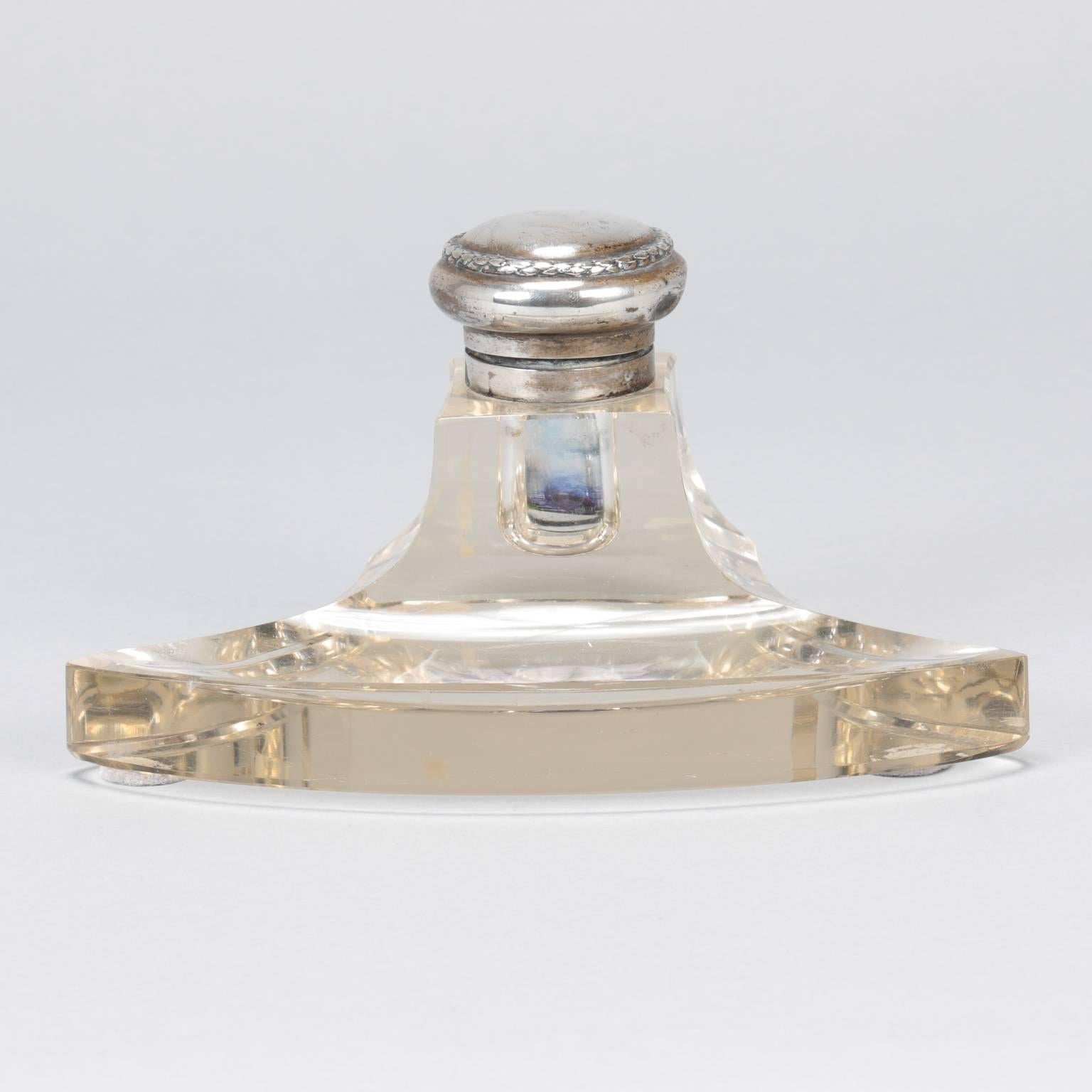 European Clear Glass Inkwell with Sterling Silver Top