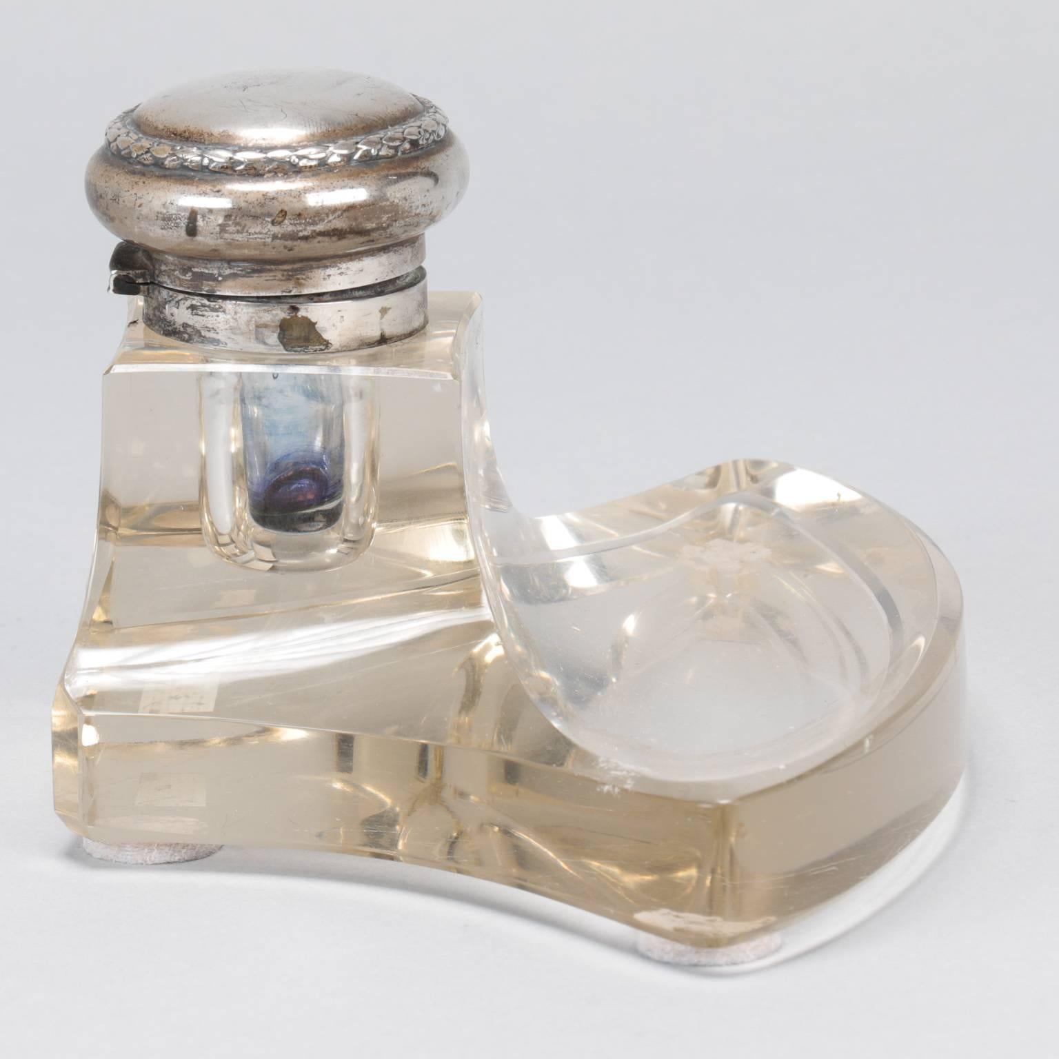 Inkwell found in Italy with clear glass body and sterling silver top, circa 1880s.