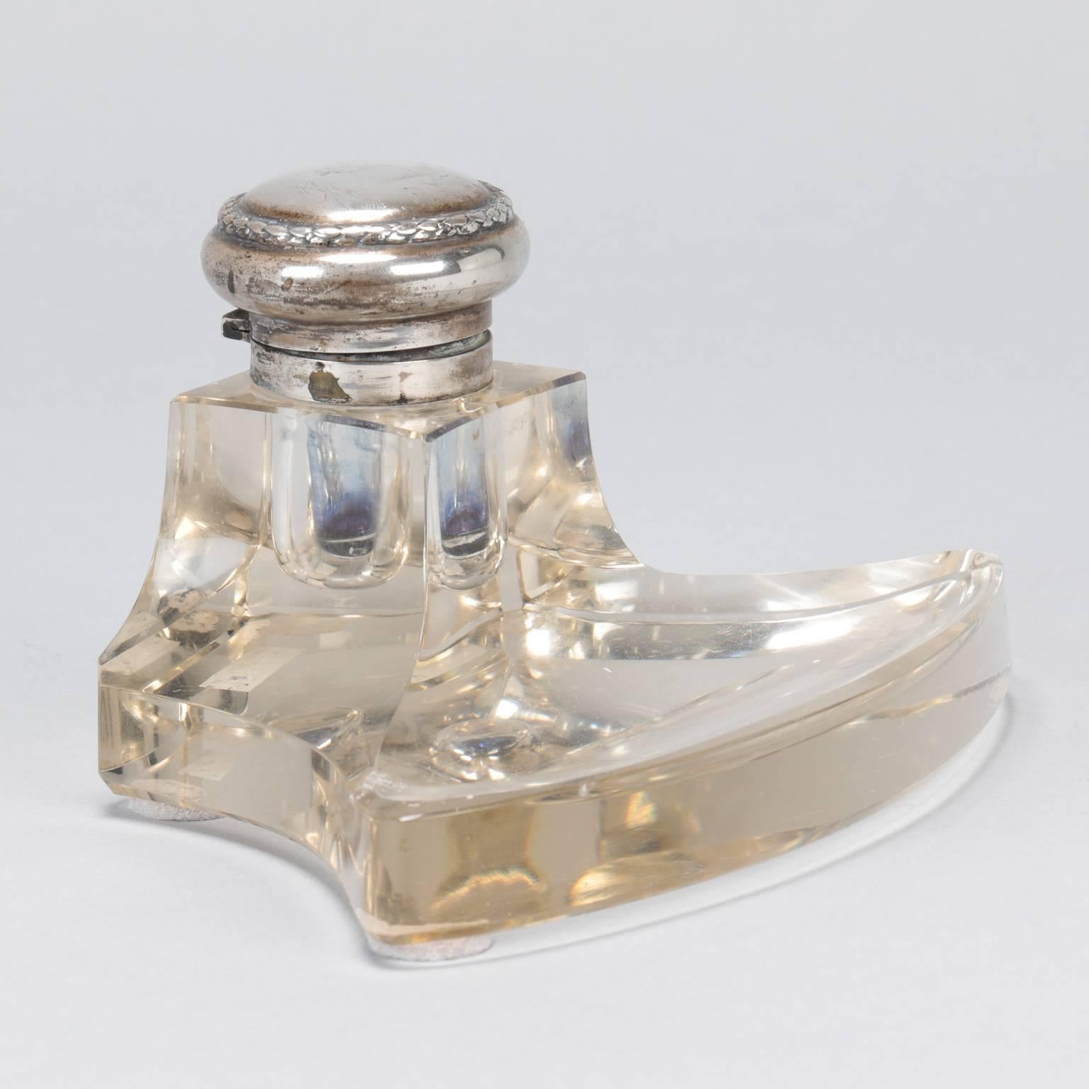 19th Century Clear Glass Inkwell with Sterling Silver Top