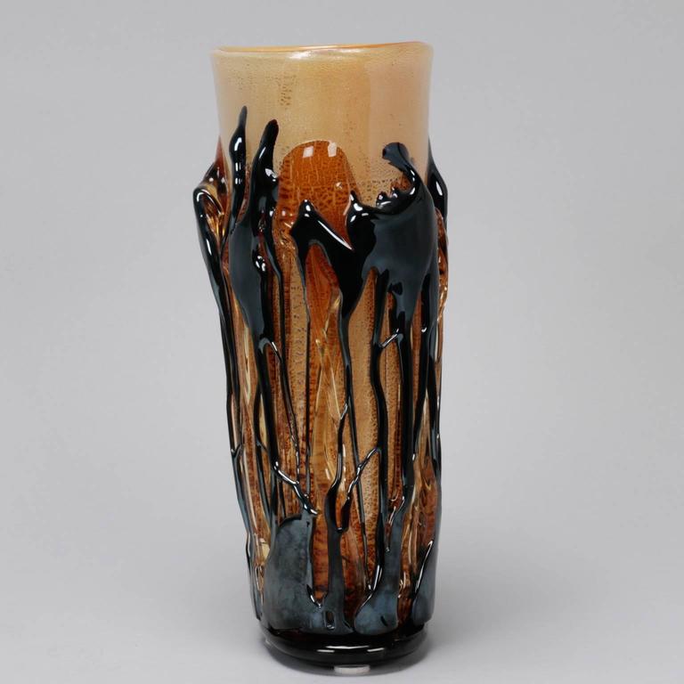 Murano Vase with Contrasting Gold and Brown Applied Glass For Sale at