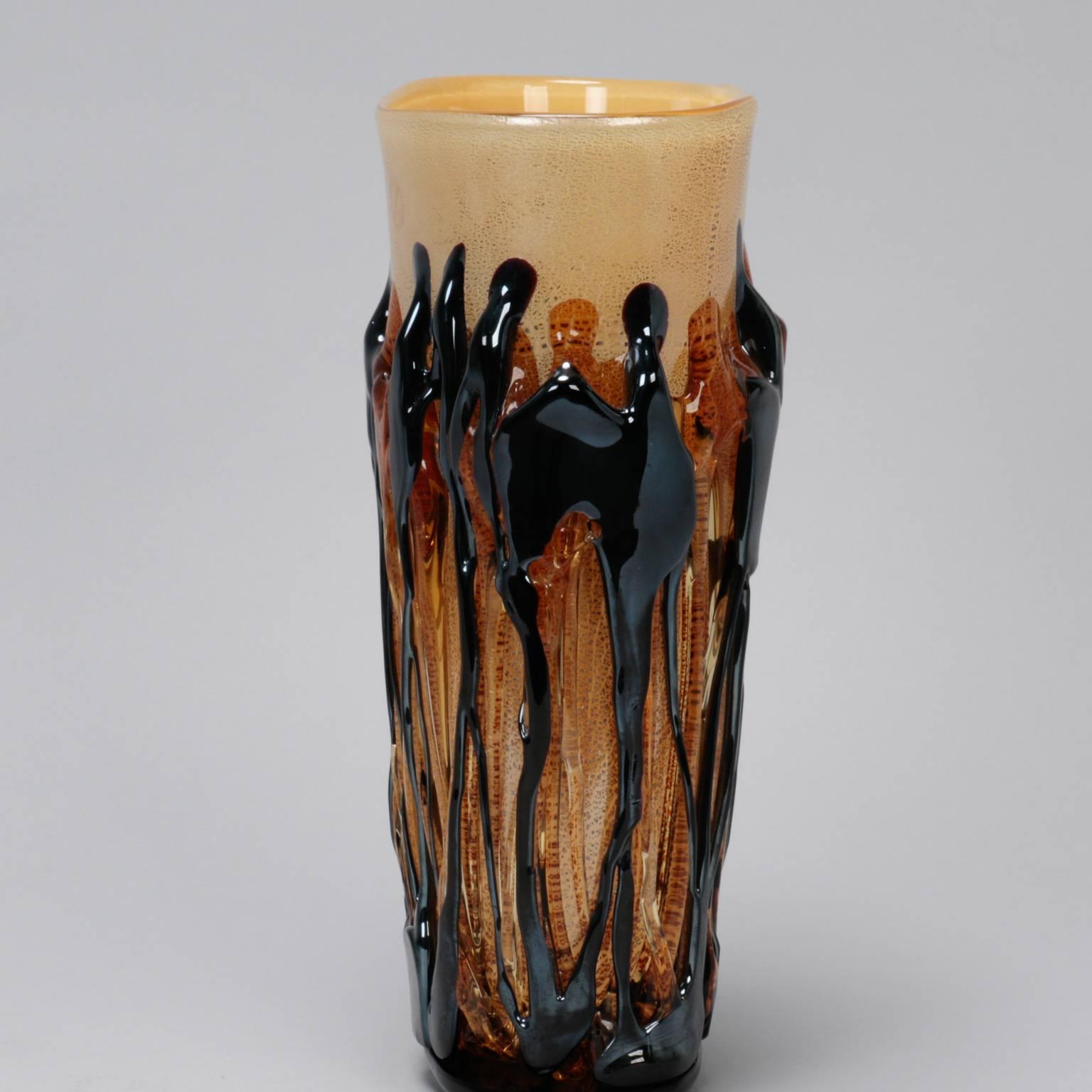20ième siècle Vase Murano en verre appliqué contrasté or et Brown en vente