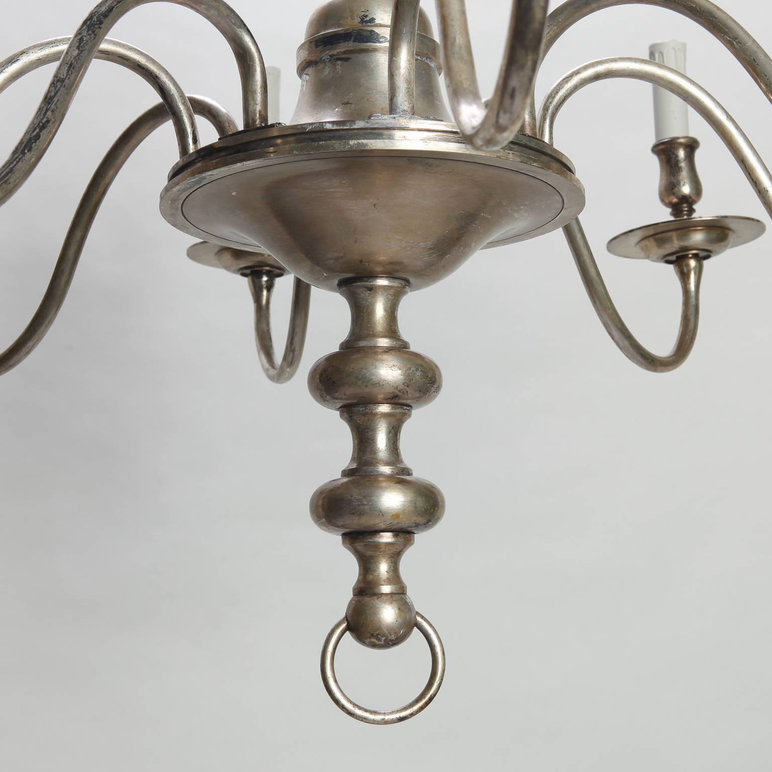 French Eight-Light Silver Metal Chandelier 1