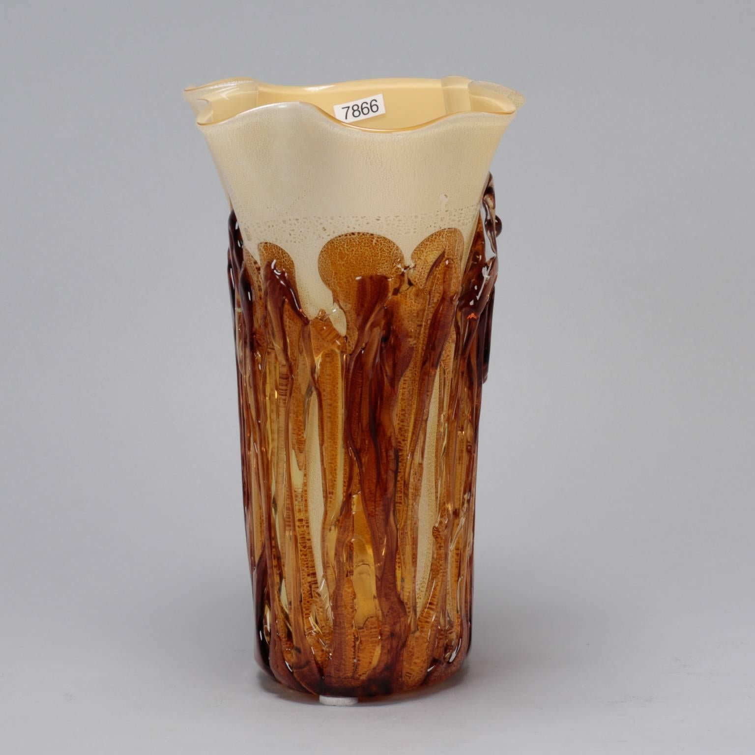 Tall Cream Color Murano Vase Encased in Applied Gold Glass In Excellent Condition In Troy, MI