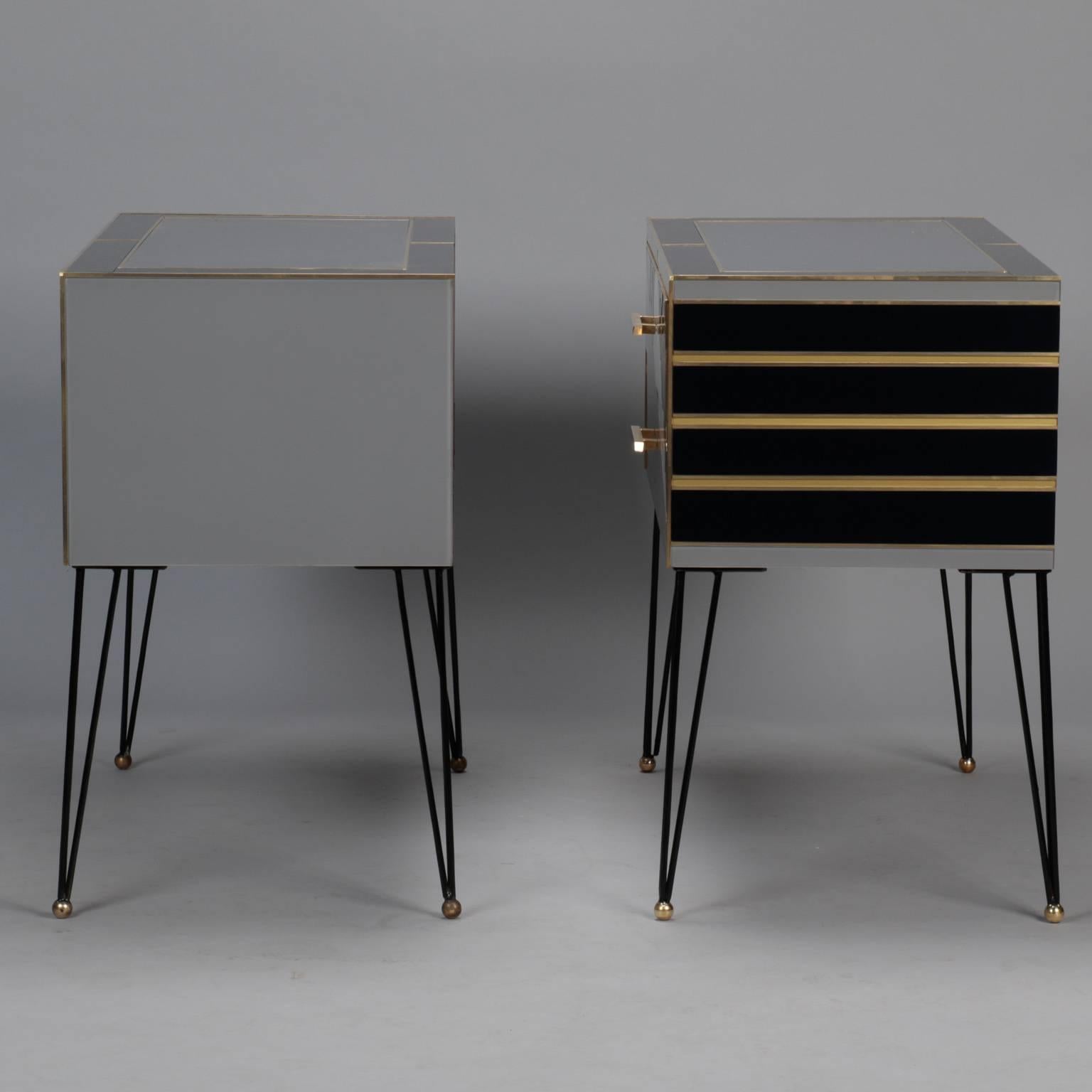 20th Century Pair of Italian Two-Drawer Cabinets with Murano Glass and Brass Inlays