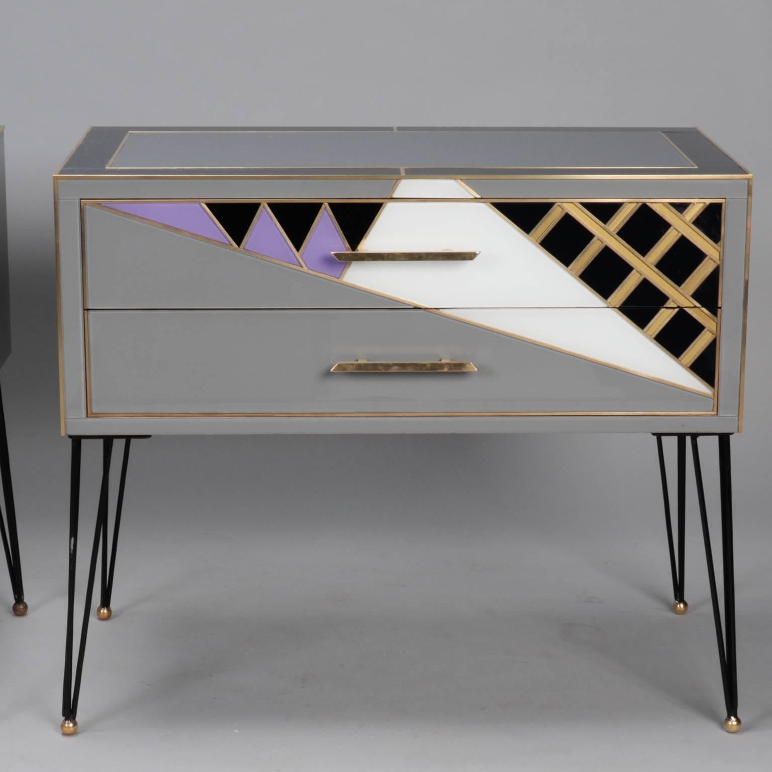 Mid-Century Modern Pair of Italian Two-Drawer Cabinets with Murano Glass and Brass Inlays