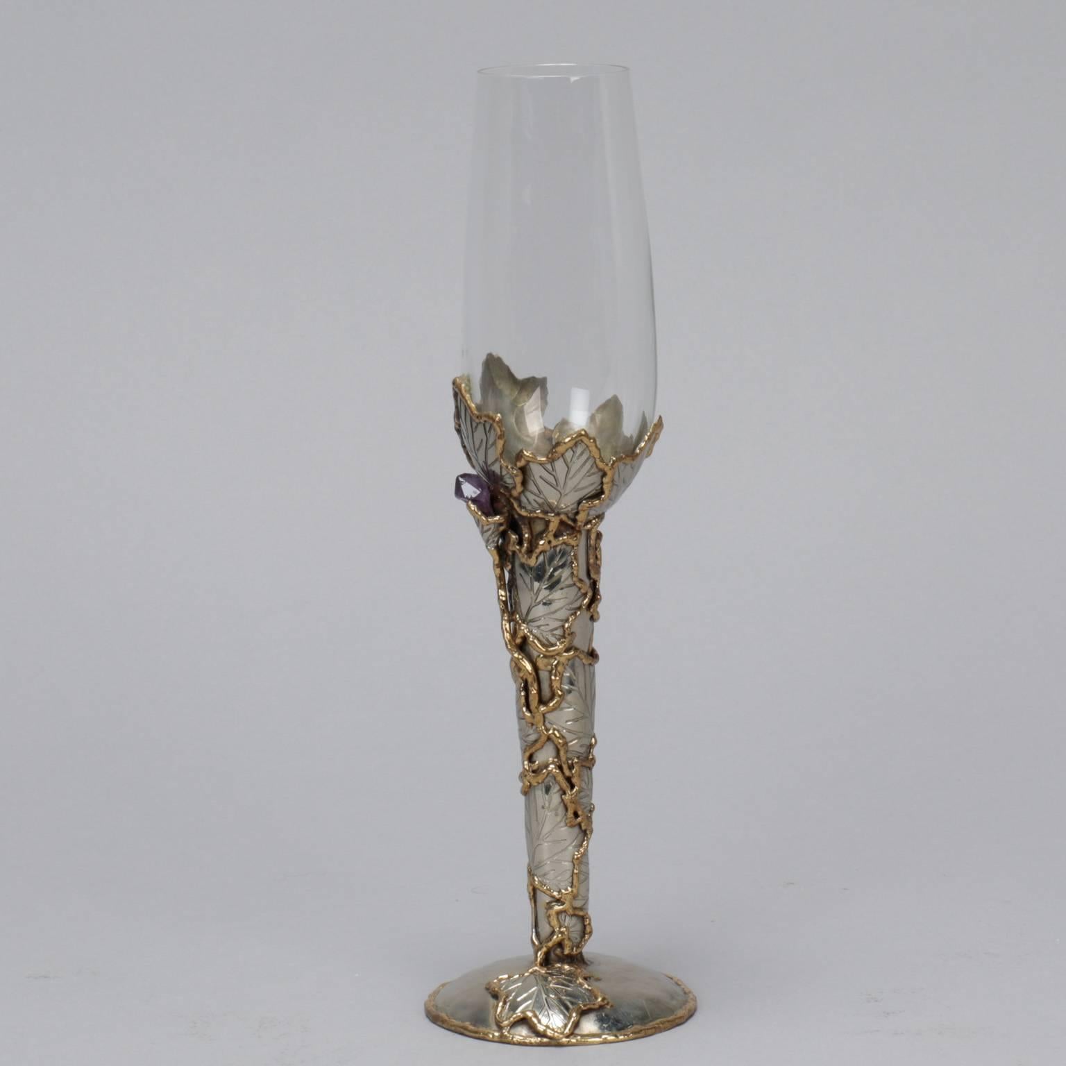 Mid-Century Modern Mid-Century Artisan Signed Wine Glass with Metal Surround and Amethyst Stones