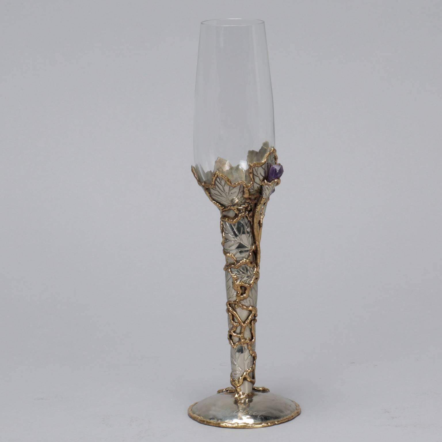 Italian Mid-Century Artisan Signed Wine Glass with Metal Surround and Amethyst Stones