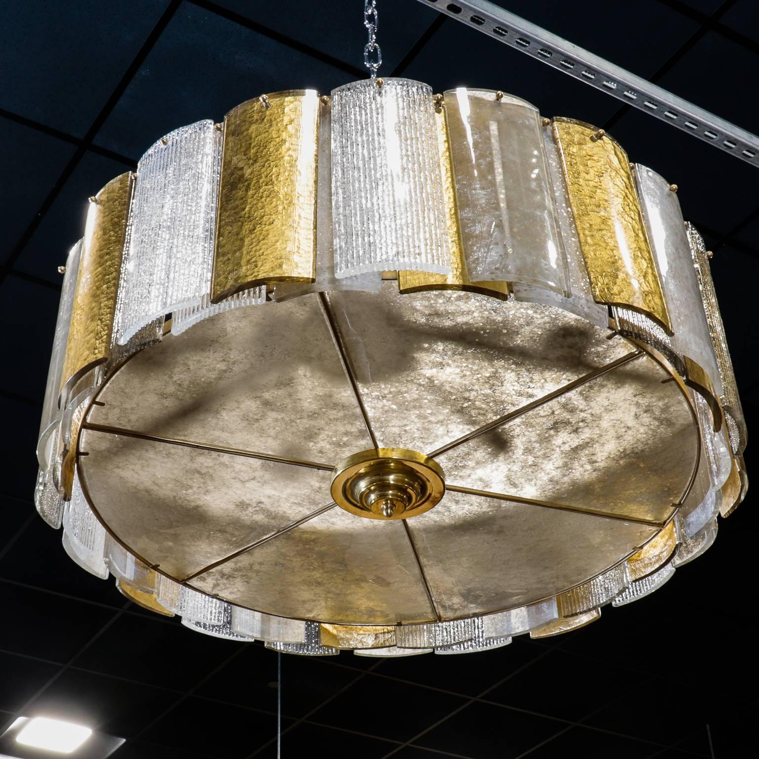 Italian Large Murano Hanging Drum Shaped Fixture with Gold and Clear Glass Panels