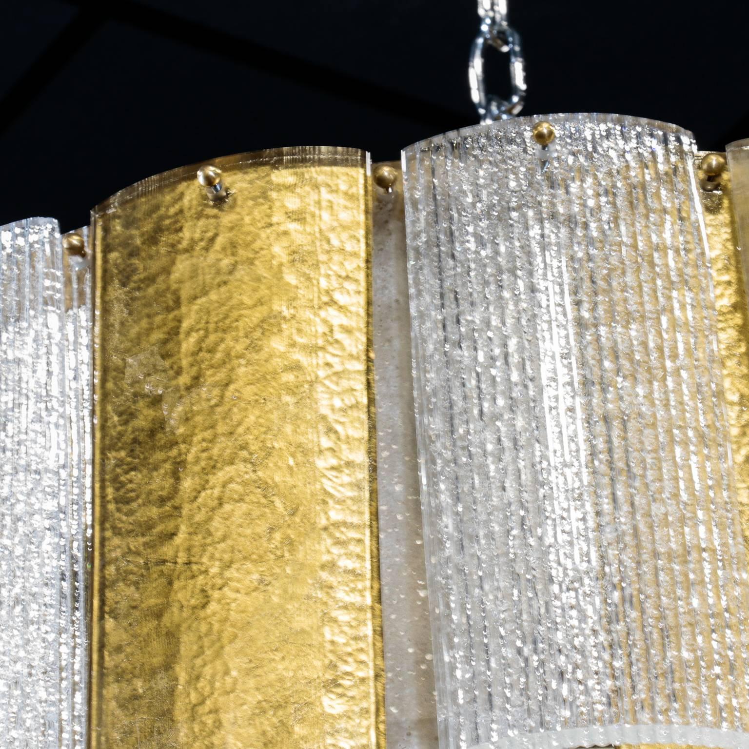 Large Murano Hanging Drum Shaped Fixture with Gold and Clear Glass Panels In Excellent Condition In Troy, MI