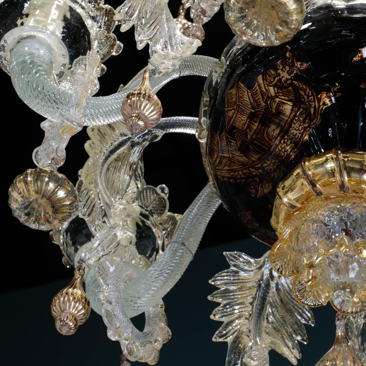 19th Century Venetian Gold Dust Glass Chandelier with Reverse Painted Details 2