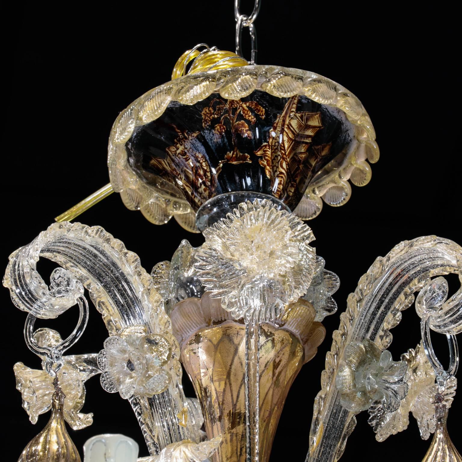 19th Century Venetian Gold Dust Glass Chandelier with Reverse Painted Details 3