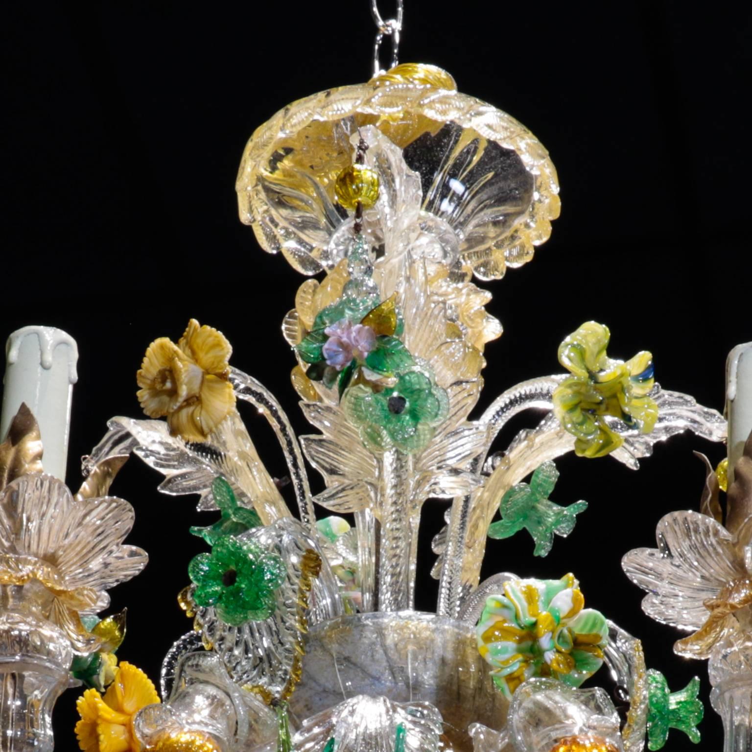 Blown Glass 19th Century Venetian Chandelier with Glass and Porcelain Flowers