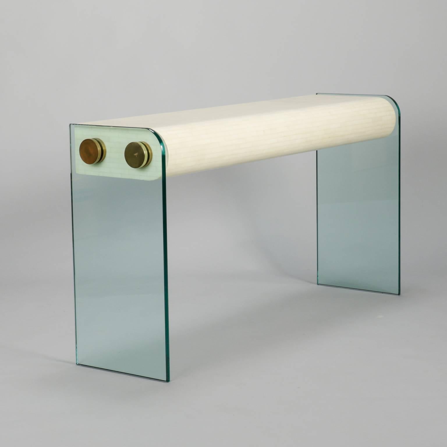 Colombian Pair Mid Century Bone Glass and Brass Consoles by Jimeco 